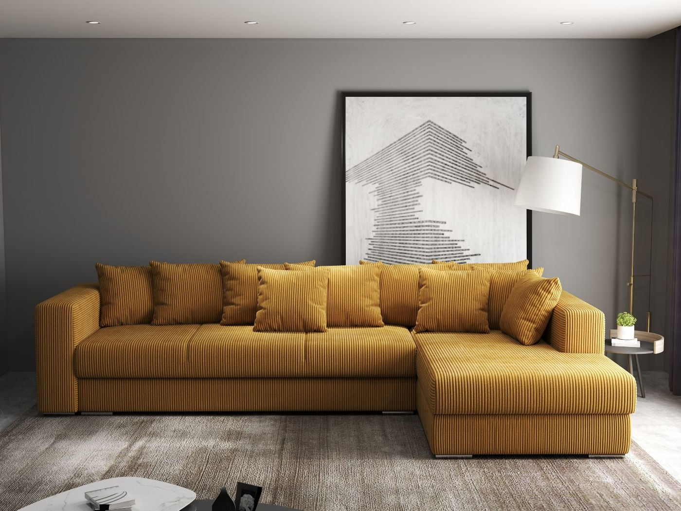 Colțar extensibil dumonde cu ladă de depozitare si sezut confortabil din spuma high-density, Gloria Zoom Mustar II 320x183 cm