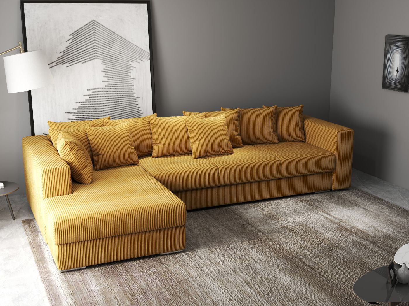 Colțar extensibil dumonde cu ladă de depozitare si sezut confortabil din spuma high-density, Gloria Zoom Mustar 320x183 cm
