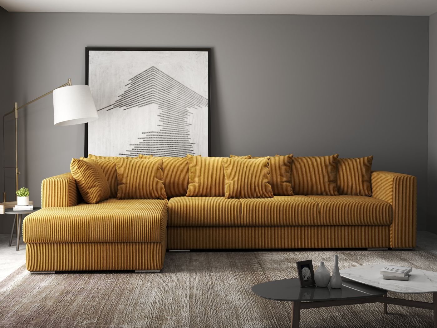 Colțar extensibil dumonde cu ladă de depozitare si sezut confortabil din spuma high-density, Gloria Zoom Mustar 320x183 cm