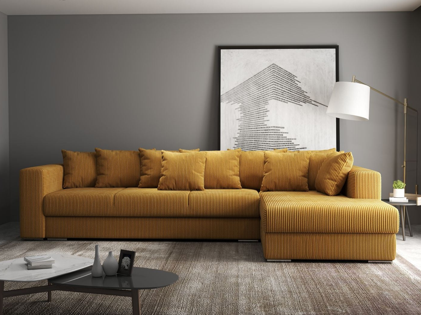 Colțar extensibil dumonde cu ladă de depozitare si sezut confortabil din spuma high-density, Gloria Zoom Mustar II 320x183 cm