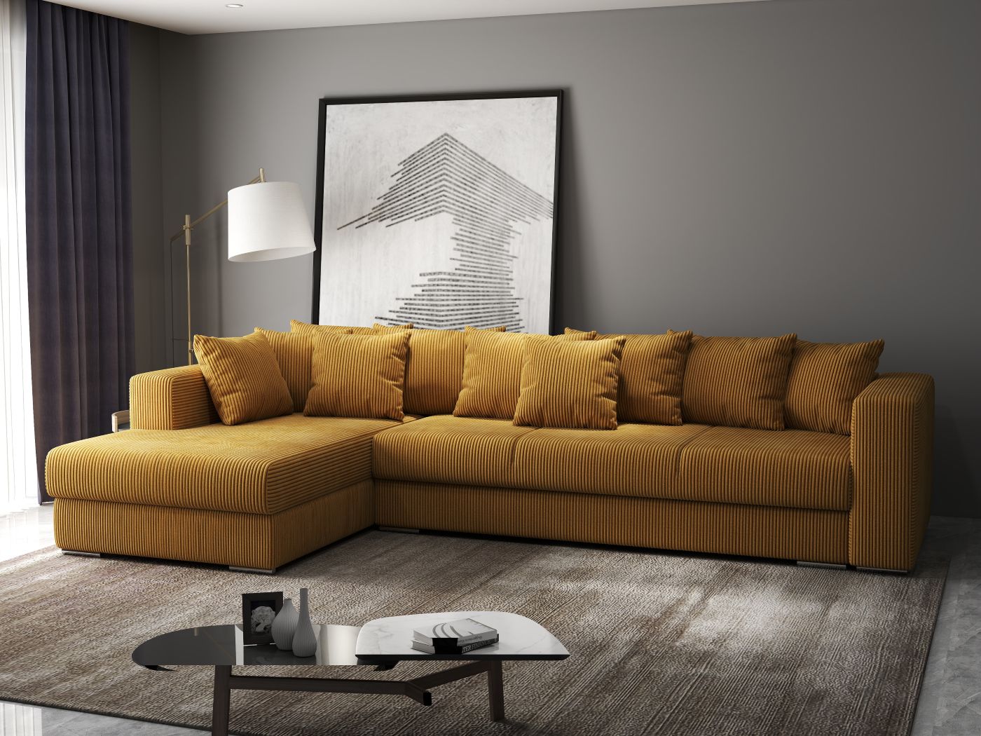 Colțar extensibil dumonde cu ladă de depozitare si sezut confortabil din spuma high-density, Gloria Zoom Mustar 320x183 cm