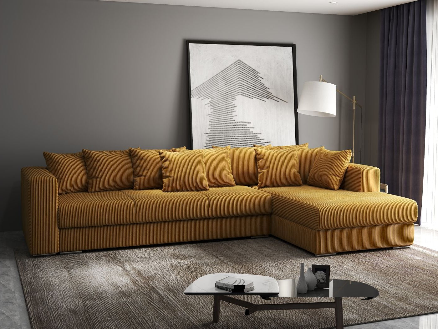 Colțar extensibil dumonde cu ladă de depozitare si sezut confortabil din spuma high-density, Gloria Zoom Mustar II 320x183 cm