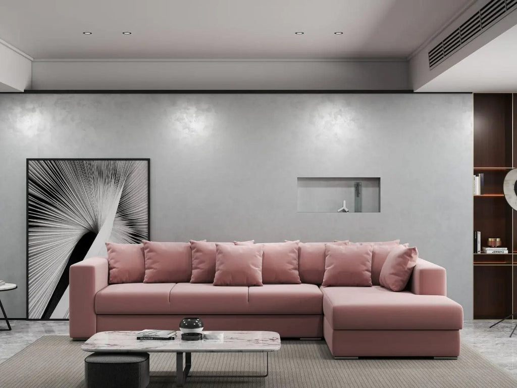 Colțar extensibil dumonde cu ladă de depozitare si sezut confortabil din spuma high-density, Gloria Royal Pink II 320x183 cm