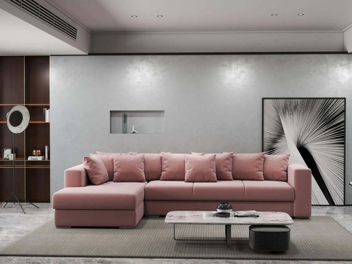 Colțar extensibil dumonde cu ladă de depozitare si sezut confortabil din spuma high-density, Gloria Royal Pink 320x183 cm