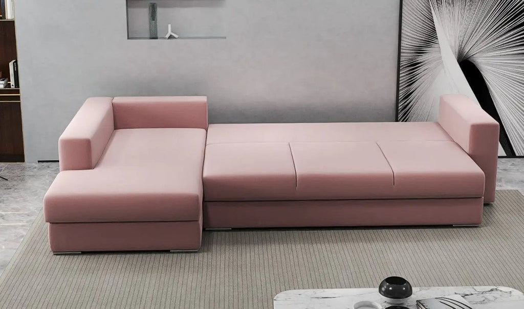 Colțar extensibil dumonde cu ladă de depozitare si sezut confortabil din spuma high-density, Gloria Royal Pink 320x183 cm