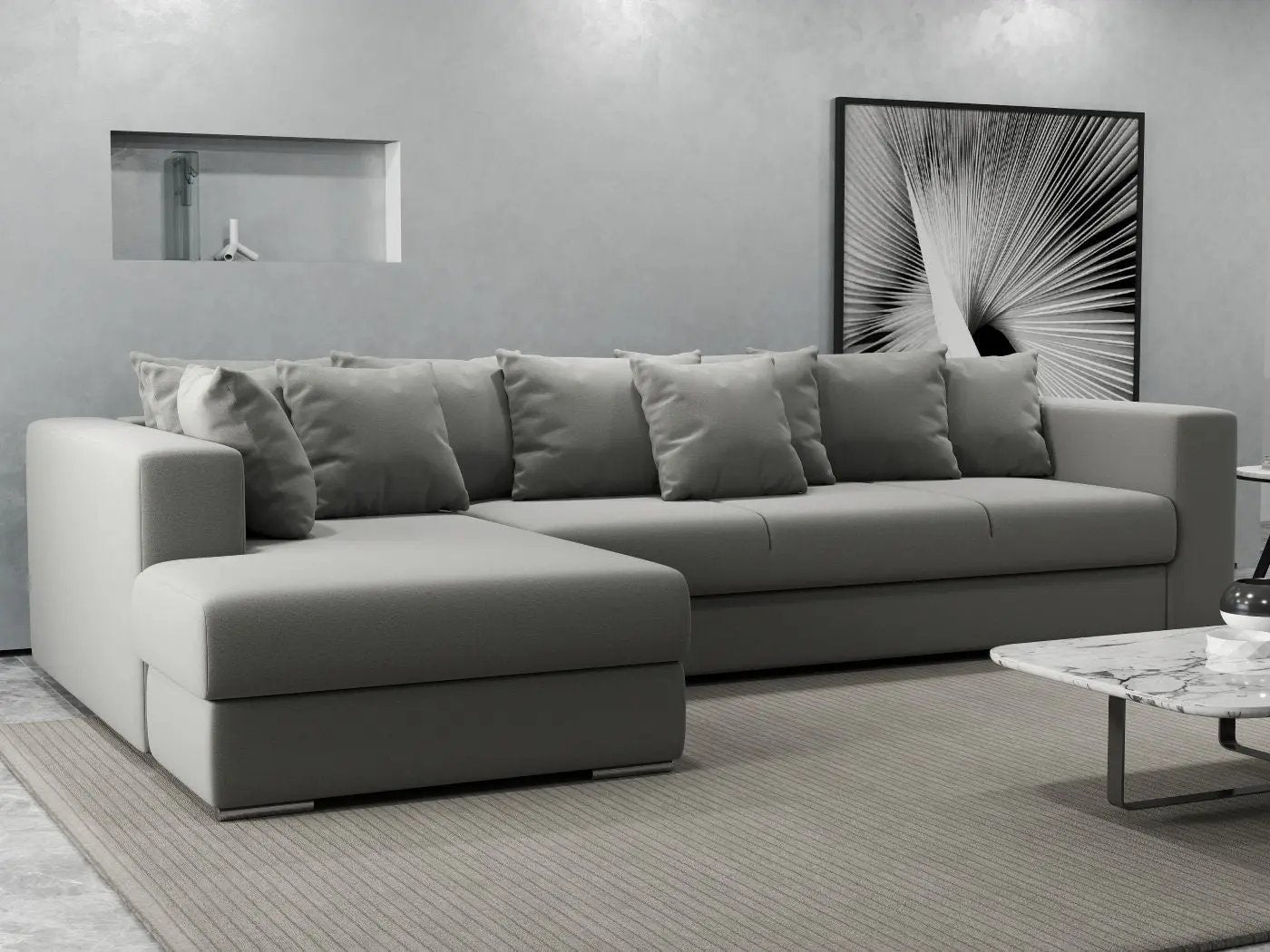 Colțar extensibil dumonde cu ladă de depozitare si sezut confortabil din spuma high-density, Gloria Royal Grey 320x183 cm
