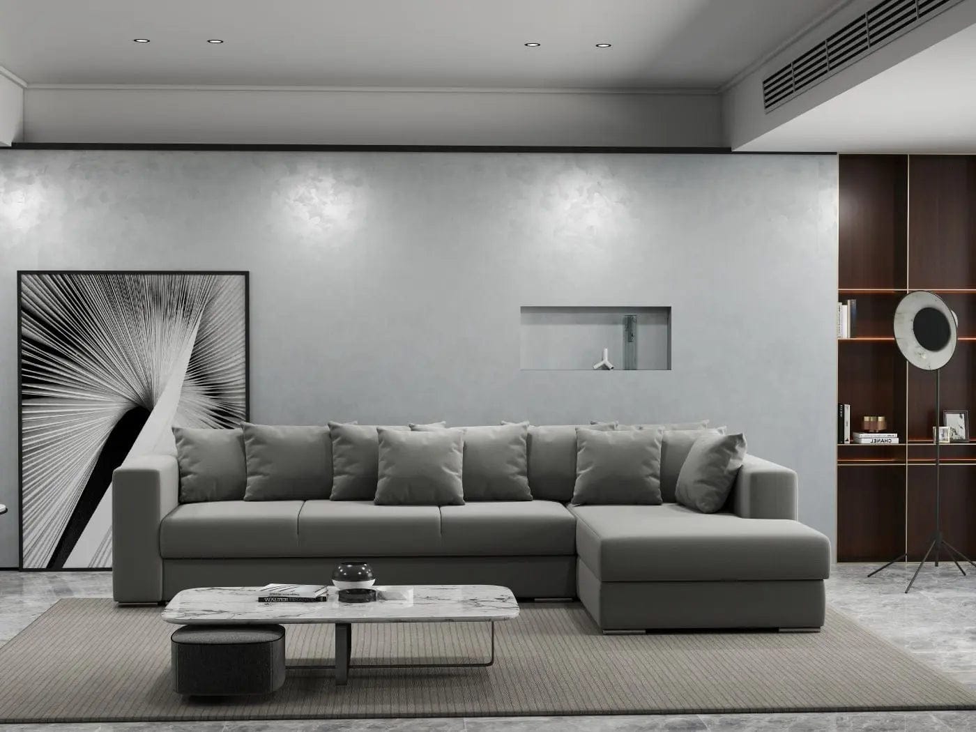Colțar extensibil dumonde cu ladă de depozitare si sezut confortabil din spuma high-density, Gloria Royal Grey II 320x183 cm