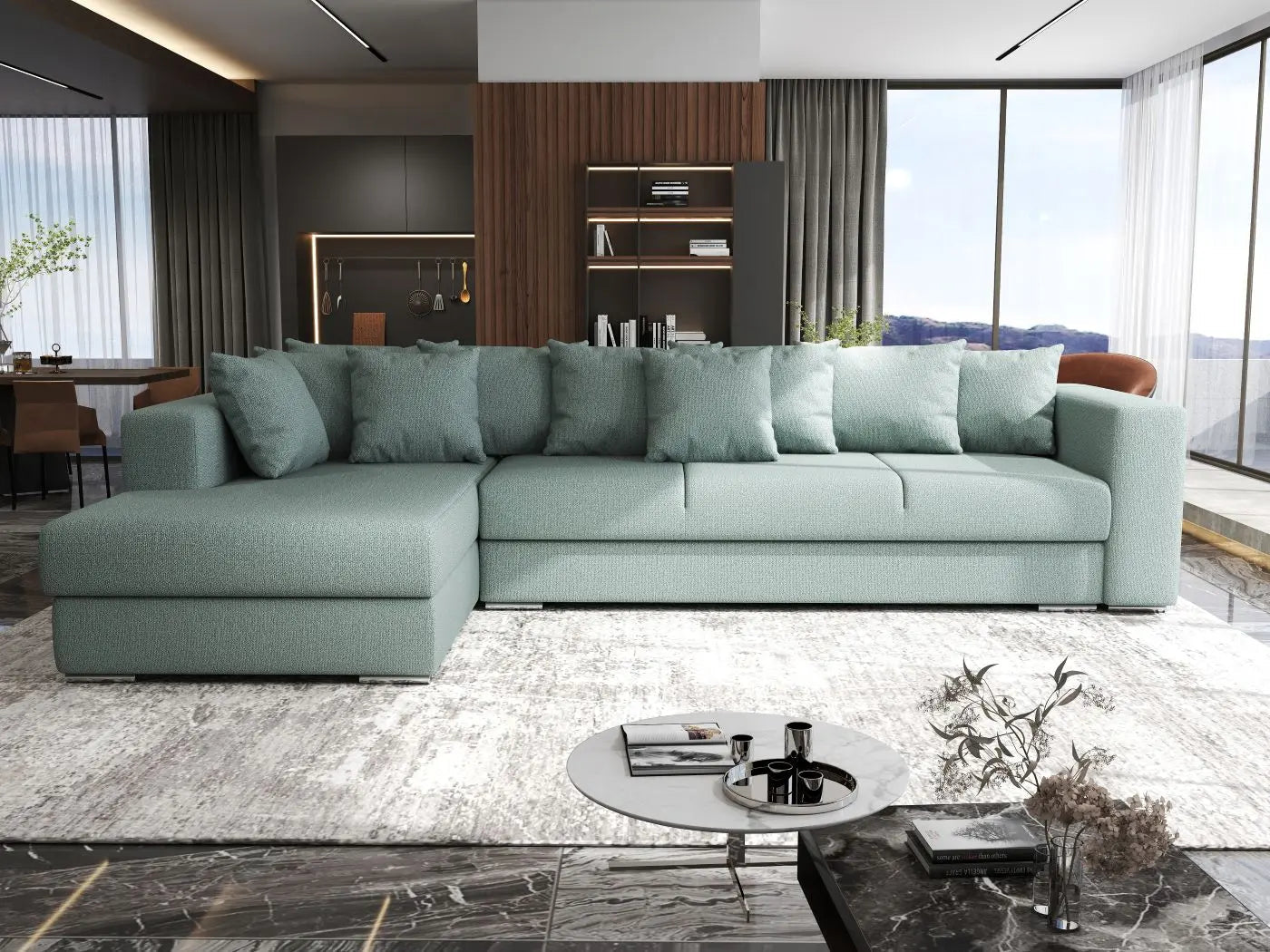 Colțar extensibil dumonde cu ladă de depozitare si sezut confortabil din spuma high-density, Gloria Enjoy Mint 320x183 cm