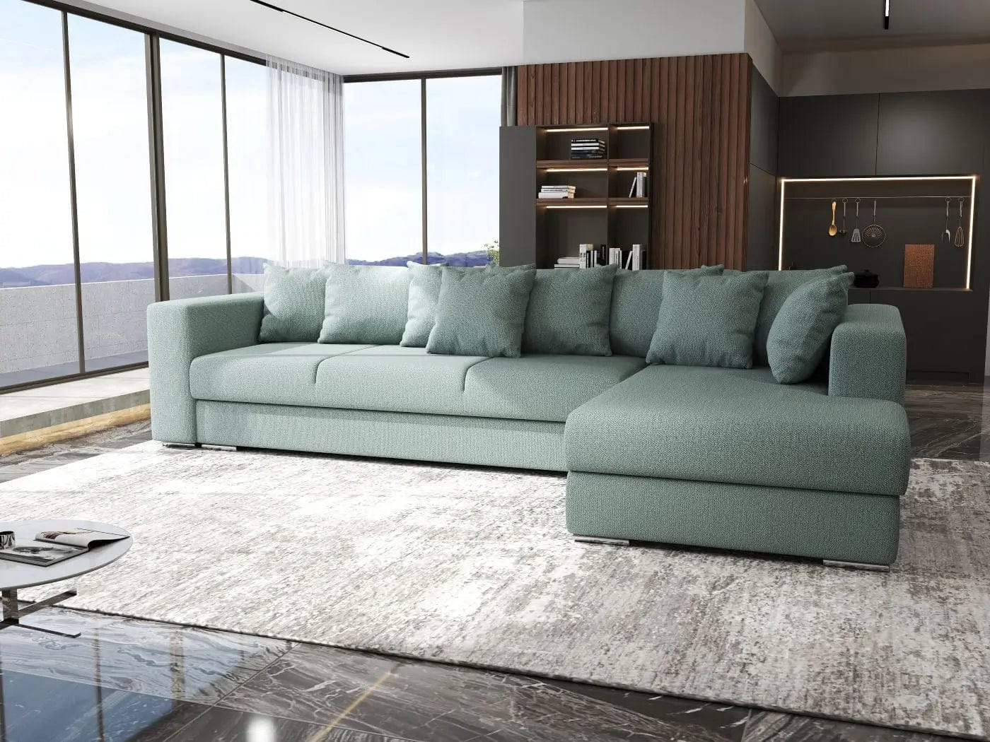 Colțar extensibil dumonde cu ladă de depozitare si sezut confortabil din spuma high-density, Gloria Enjoy Mint II 320x183 cm