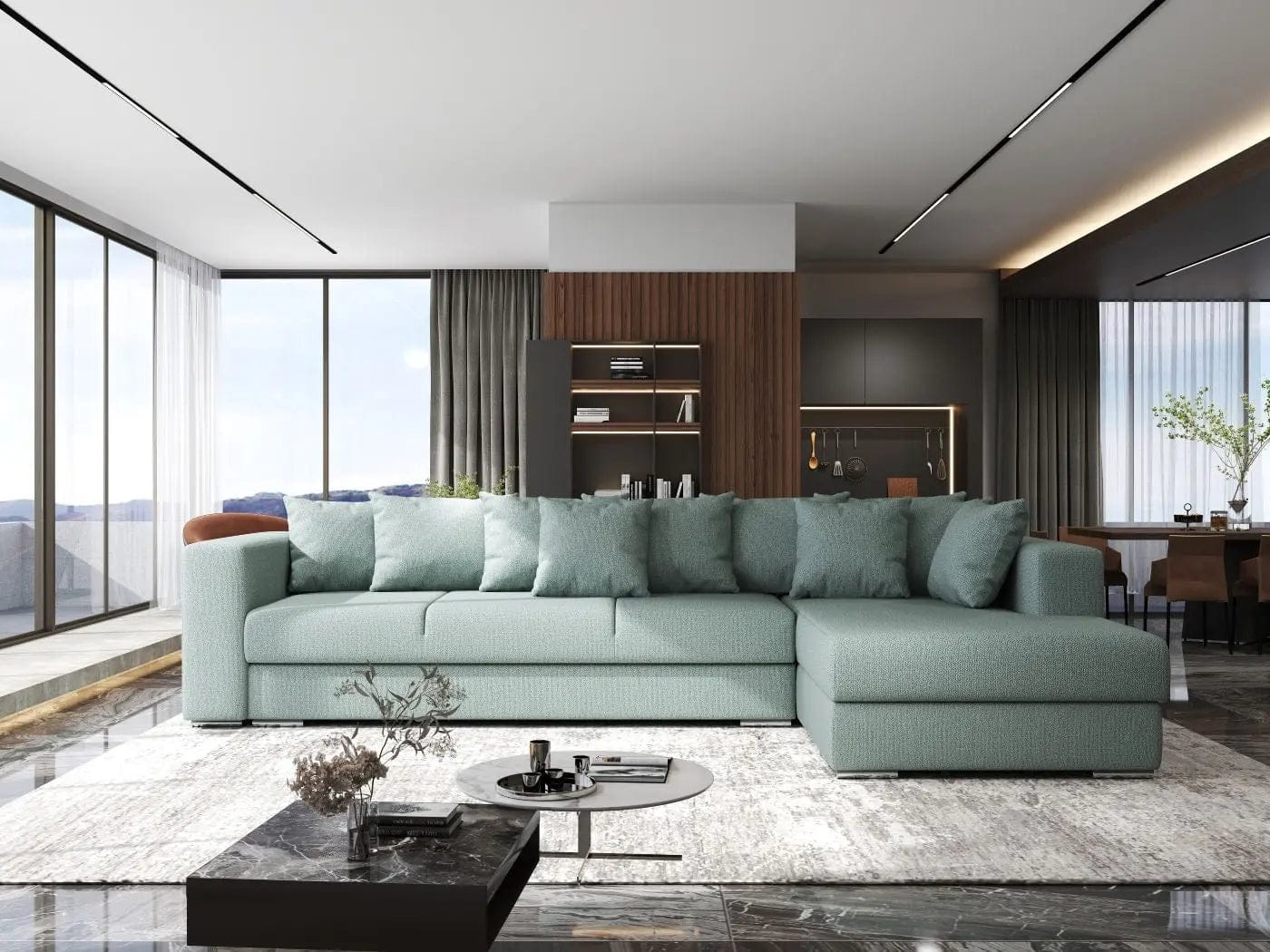 Colțar extensibil dumonde cu ladă de depozitare si sezut confortabil din spuma high-density, Gloria Enjoy Mint II 320x183 cm