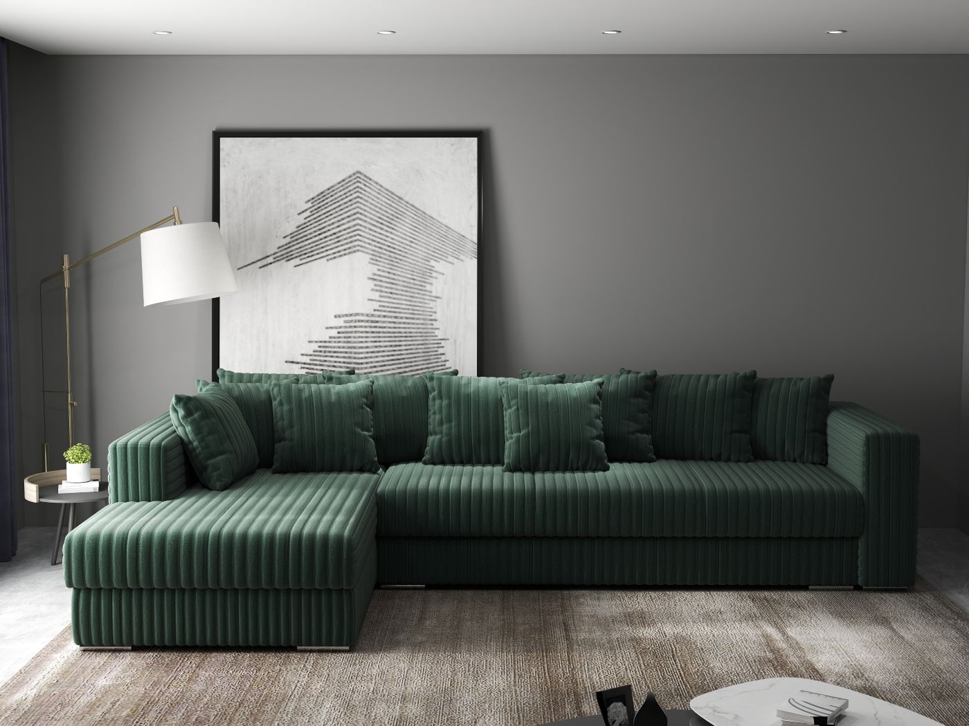 Colțar extensibil dumonde cu ladă de depozitare si sezut confortabil din spuma high-density, Gloria Ambience Green 320x183 cm