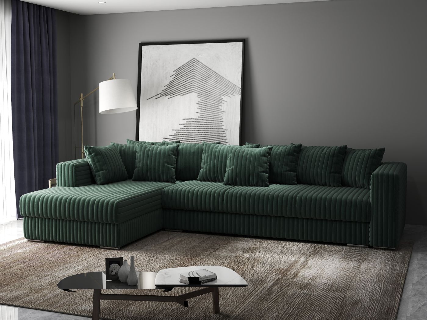 Colțar extensibil dumonde cu ladă de depozitare si sezut confortabil din spuma high-density, Gloria Ambience Green 320x183 cm