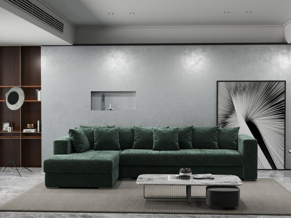 Colțar extensibil dumonde cu ladă de depozitare si sezut confortabil din spuma high-density, Gloria Euphoria Green 320x183 cm