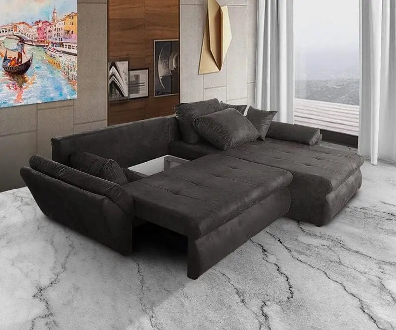 Colțar extensibil dumonde cu ladă de depozitare si sezut confortabil din spuma high-density, Loana Madagaskar Black II 270x185 cm