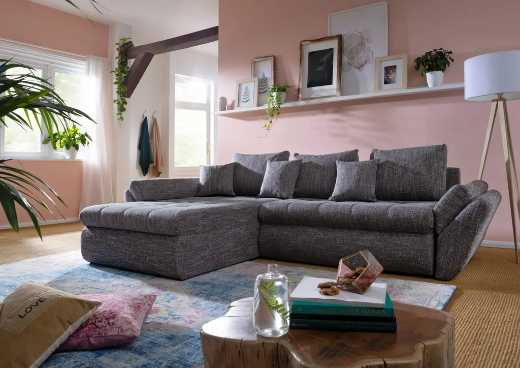 Colțar extensibil dumonde cu ladă de depozitare si sezut confortabil din spuma high-density, Loana Magma Grey 270x185 cm