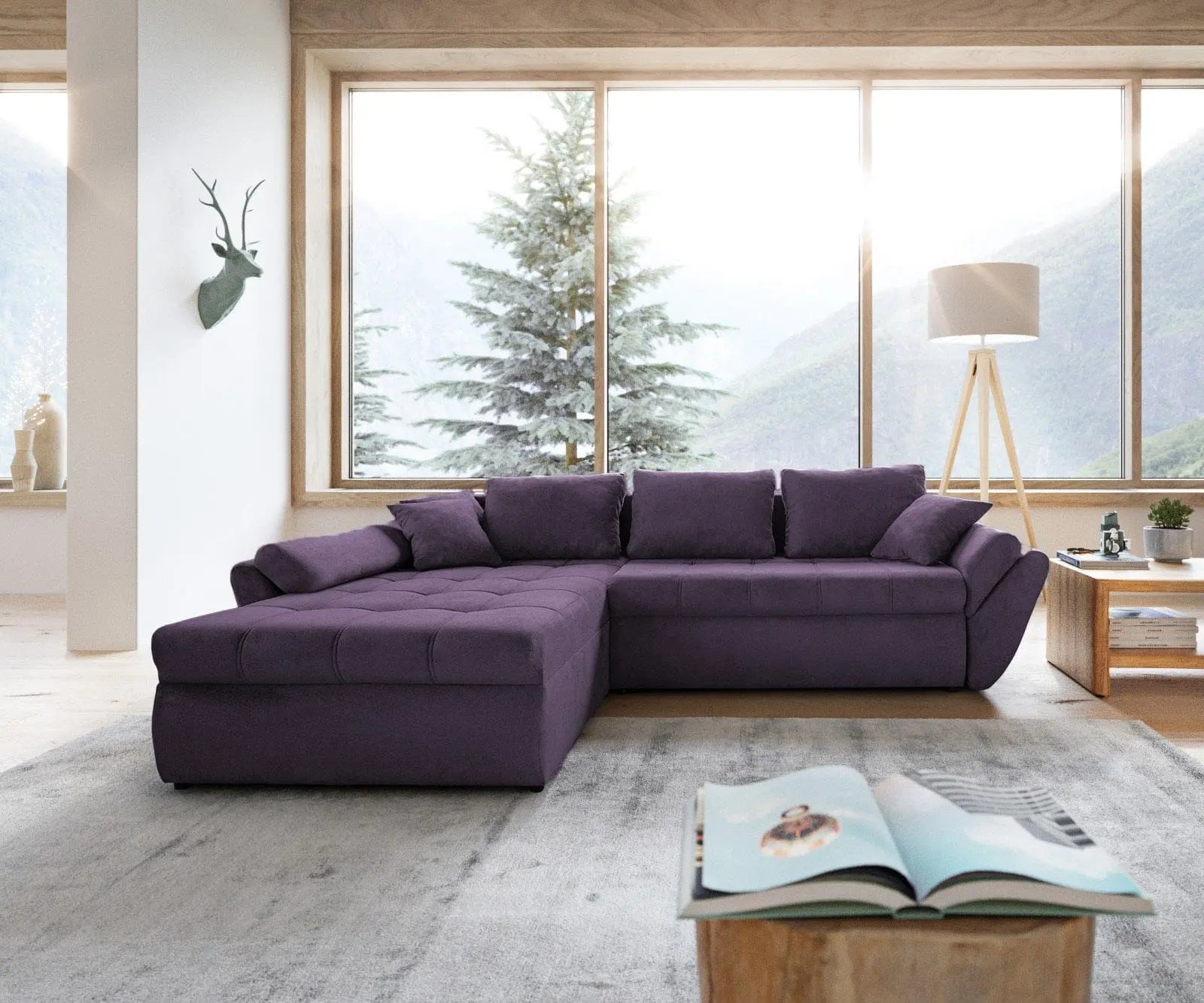 Colțar extensibil dumonde cu ladă de depozitare si sezut confortabil din spuma high-density, Loana Enjoy Lila 270x185 cm