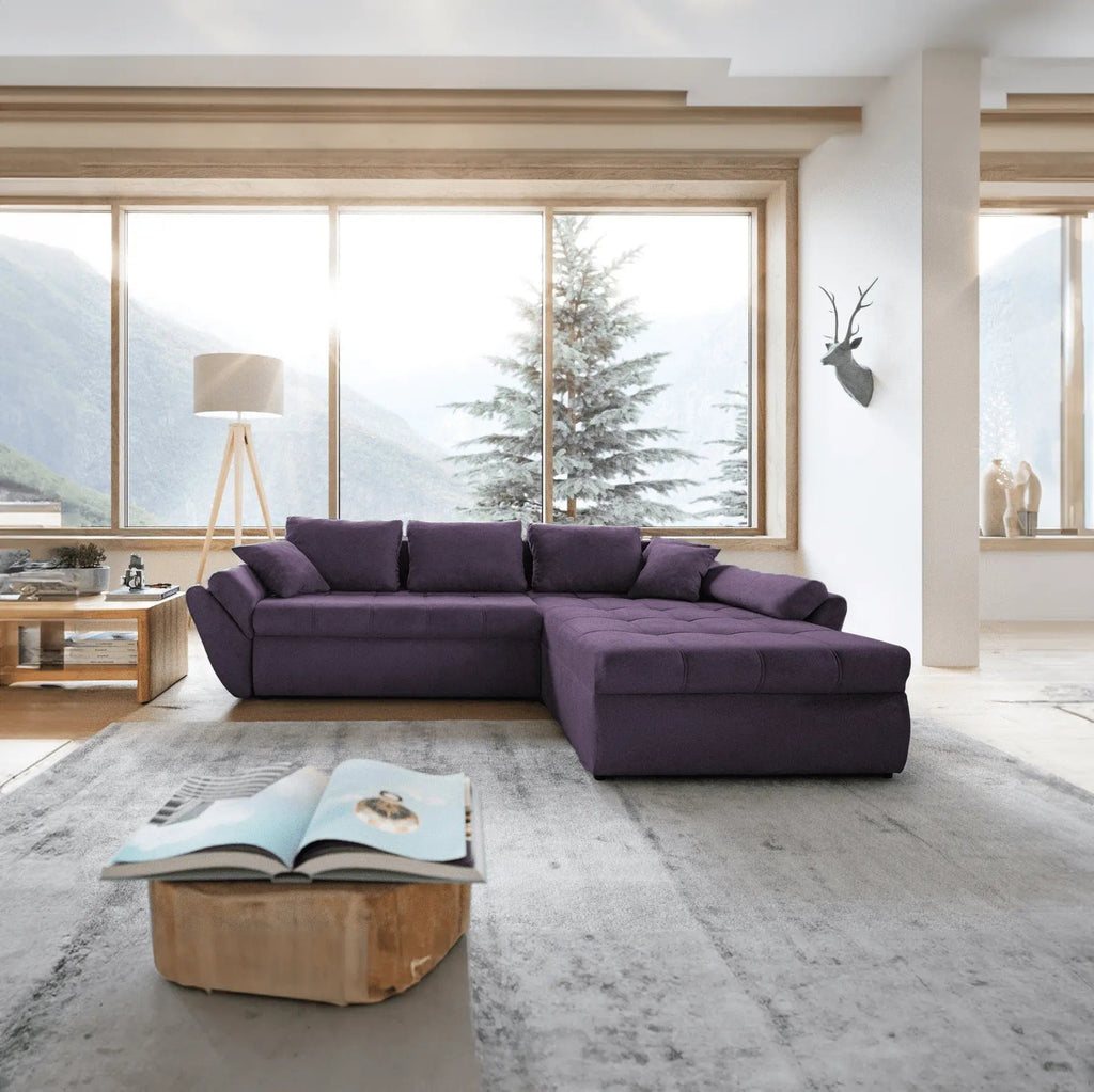 Colțar extensibil dumonde cu ladă de depozitare si sezut confortabil din spuma high-density, Loana Enjoy Lila II 270x185 cm