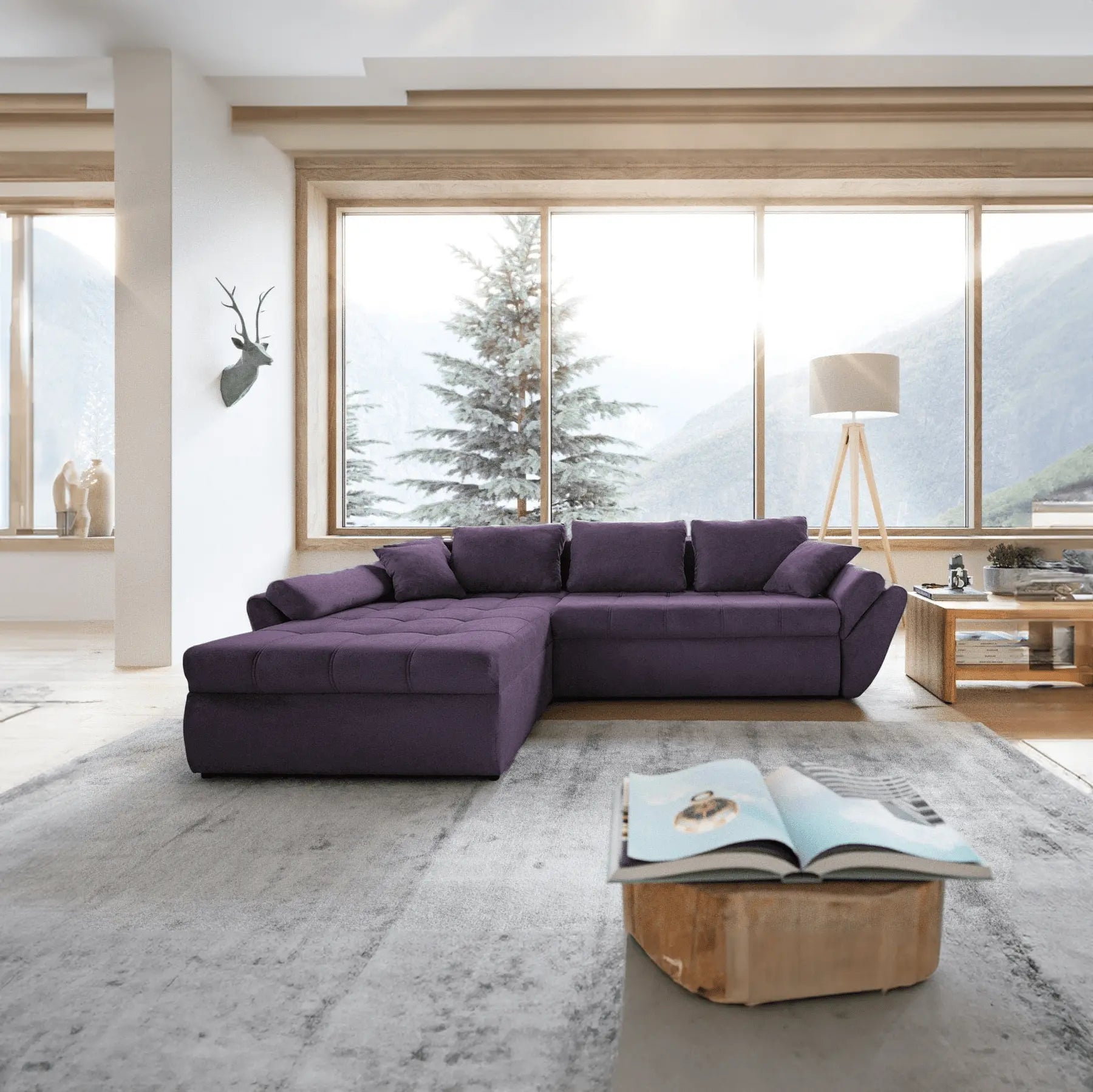 Colțar extensibil dumonde cu ladă de depozitare si sezut confortabil din spuma high-density, Loana Enjoy Lila 270x185 cm