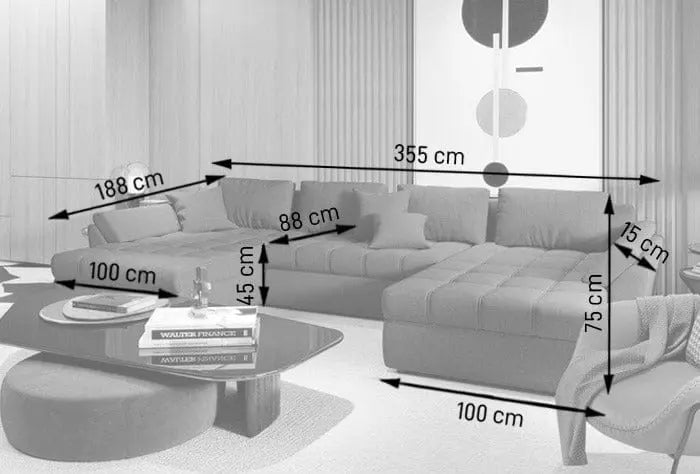 Colțar extensibil dumonde cu ladă de depozitare si sezut confortabil din spuma high-density, Loana U Enjoy Grafit 355x185 cm