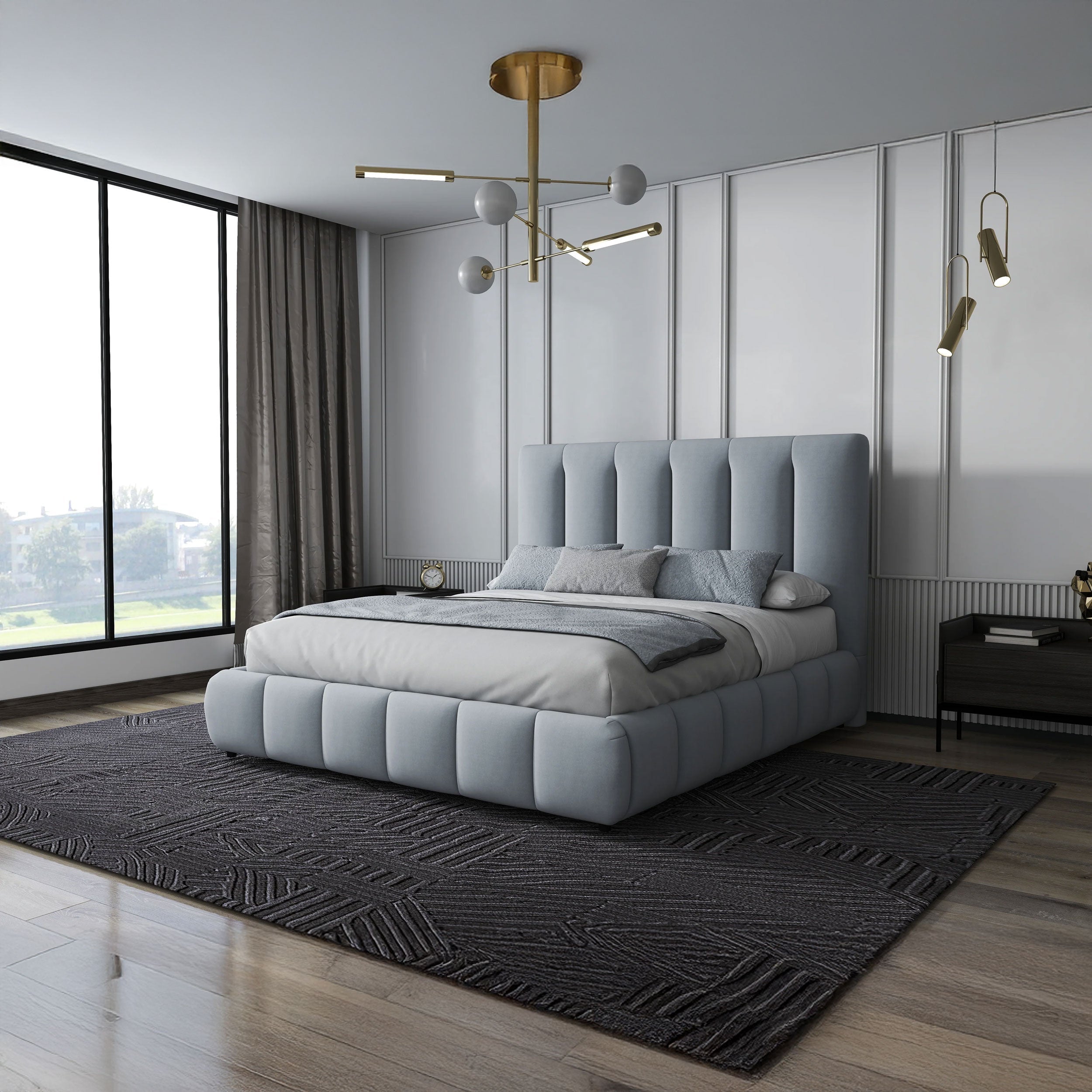 Pat dormitor dumonde, tapitat gri, Divaneo 160x200 cm, somiera rabatabila inclusa, spatiu depozitare