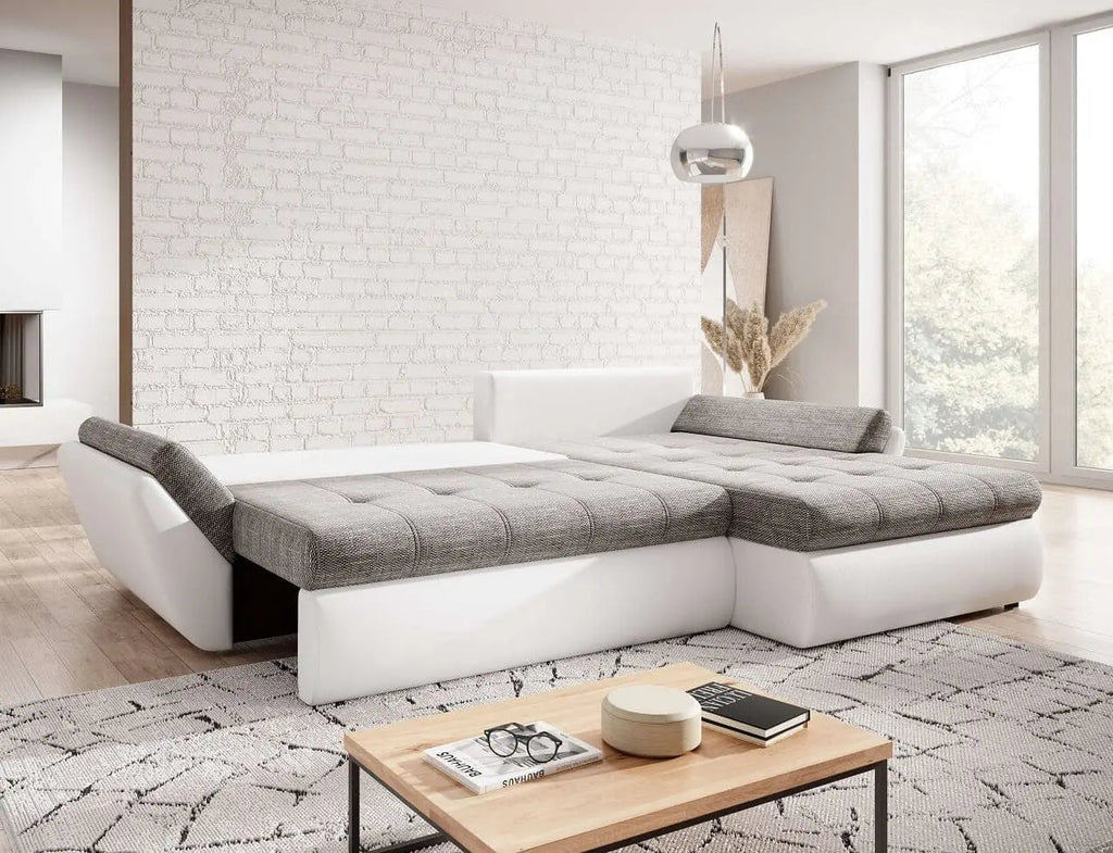 Colțar extensibil dumonde cu ladă de depozitare si sezut confortabil din spuma high-density, Loana Magma White 275x185 cm