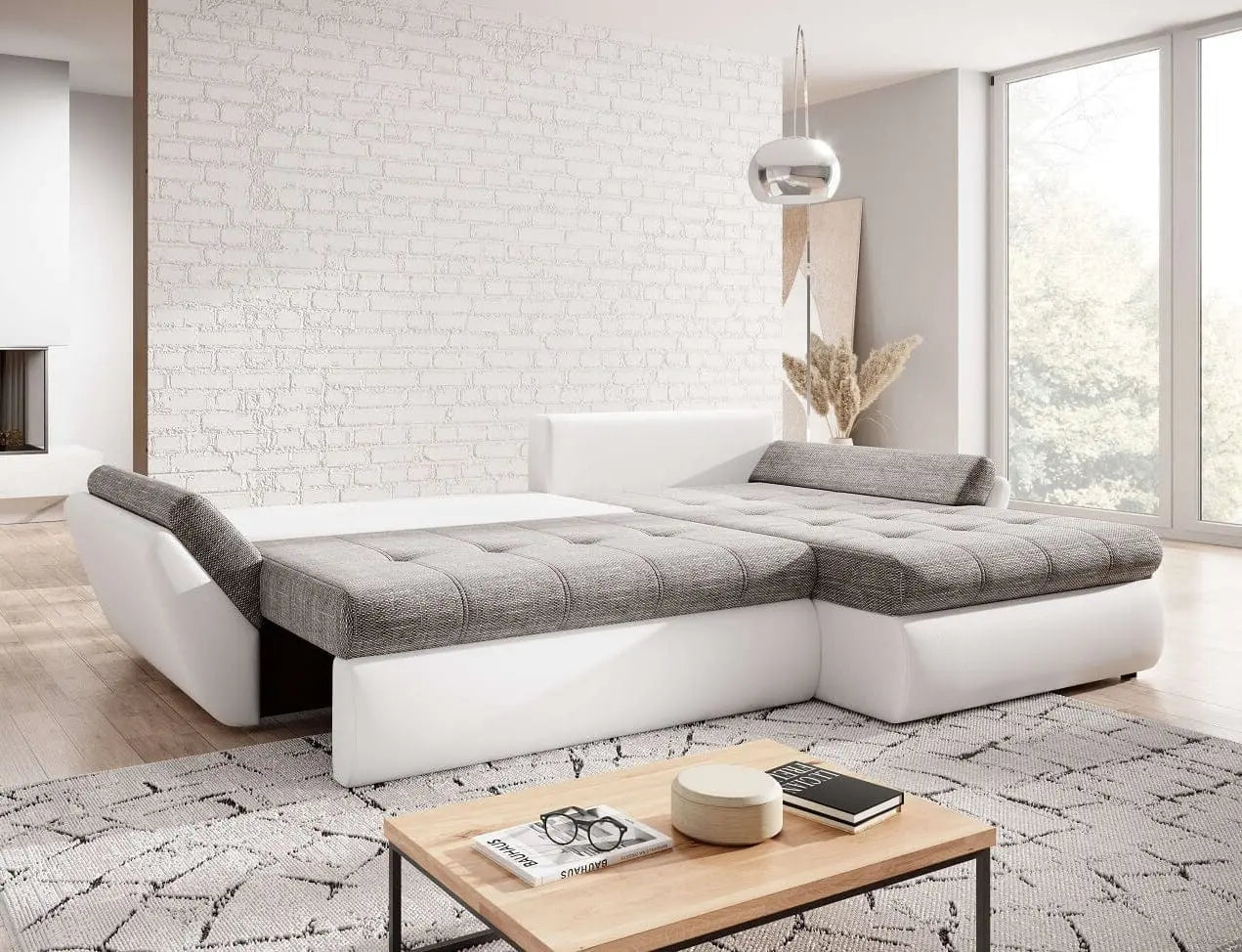 Colțar extensibil dumonde cu ladă de depozitare si sezut confortabil din spuma high-density, Loana Magma White 275x185 cm