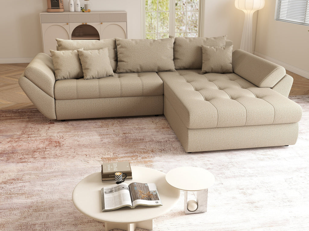 Colțar extensibil dumonde cu ladă de depozitare si sezut confortabil din spuma high-density, Loana Enjoy Camel II 270x185 cm
