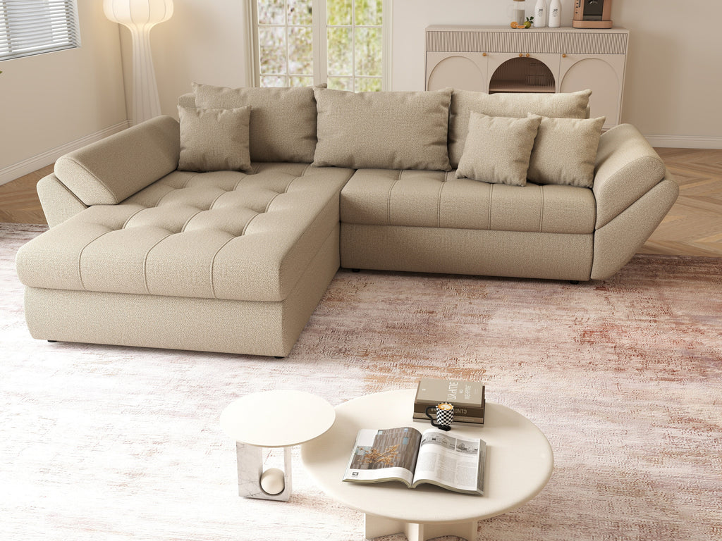 Colțar extensibil dumonde cu ladă de depozitare si sezut confortabil din spuma high-density, Loana Enjoy Camel 270x185 cm