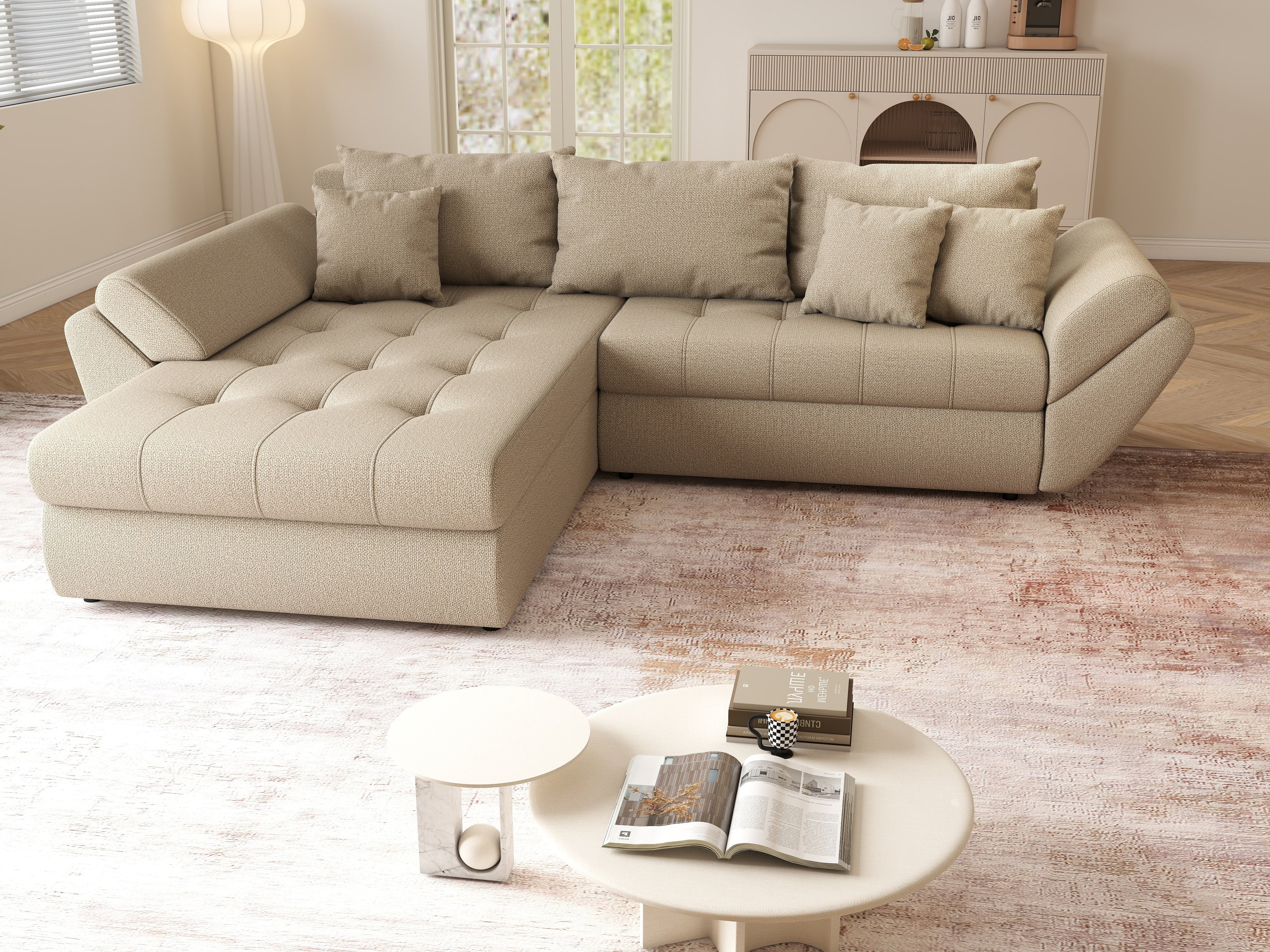 Colțar extensibil dumonde cu ladă de depozitare si sezut confortabil din spuma high-density, Loana Enjoy Camel 270x185 cm