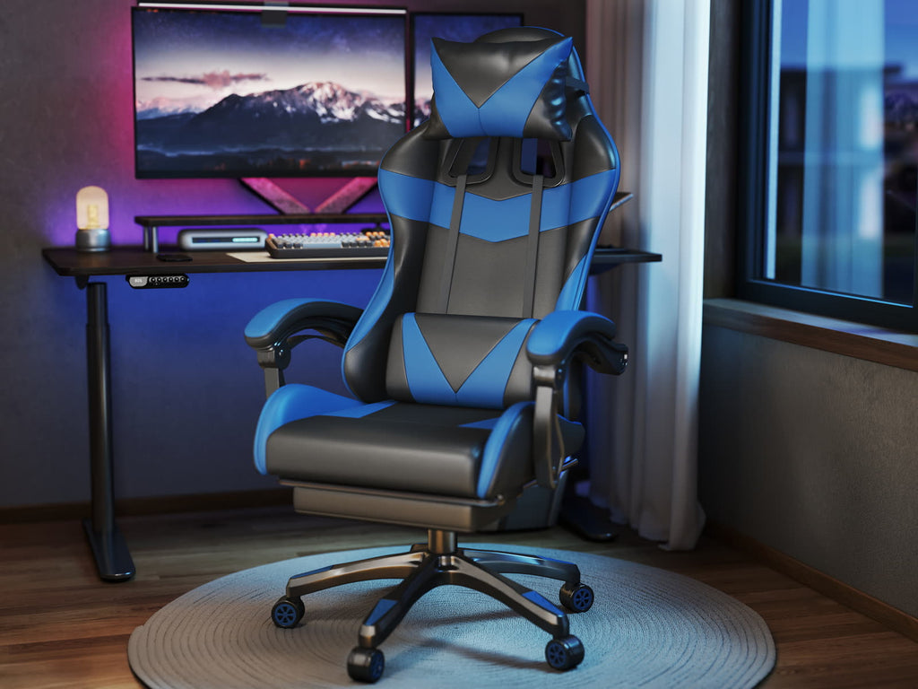 Scaun gaming Dumonde VALKYRIE, mecanism multifuncțional, ecopiele, suport picioare, albastru/negru