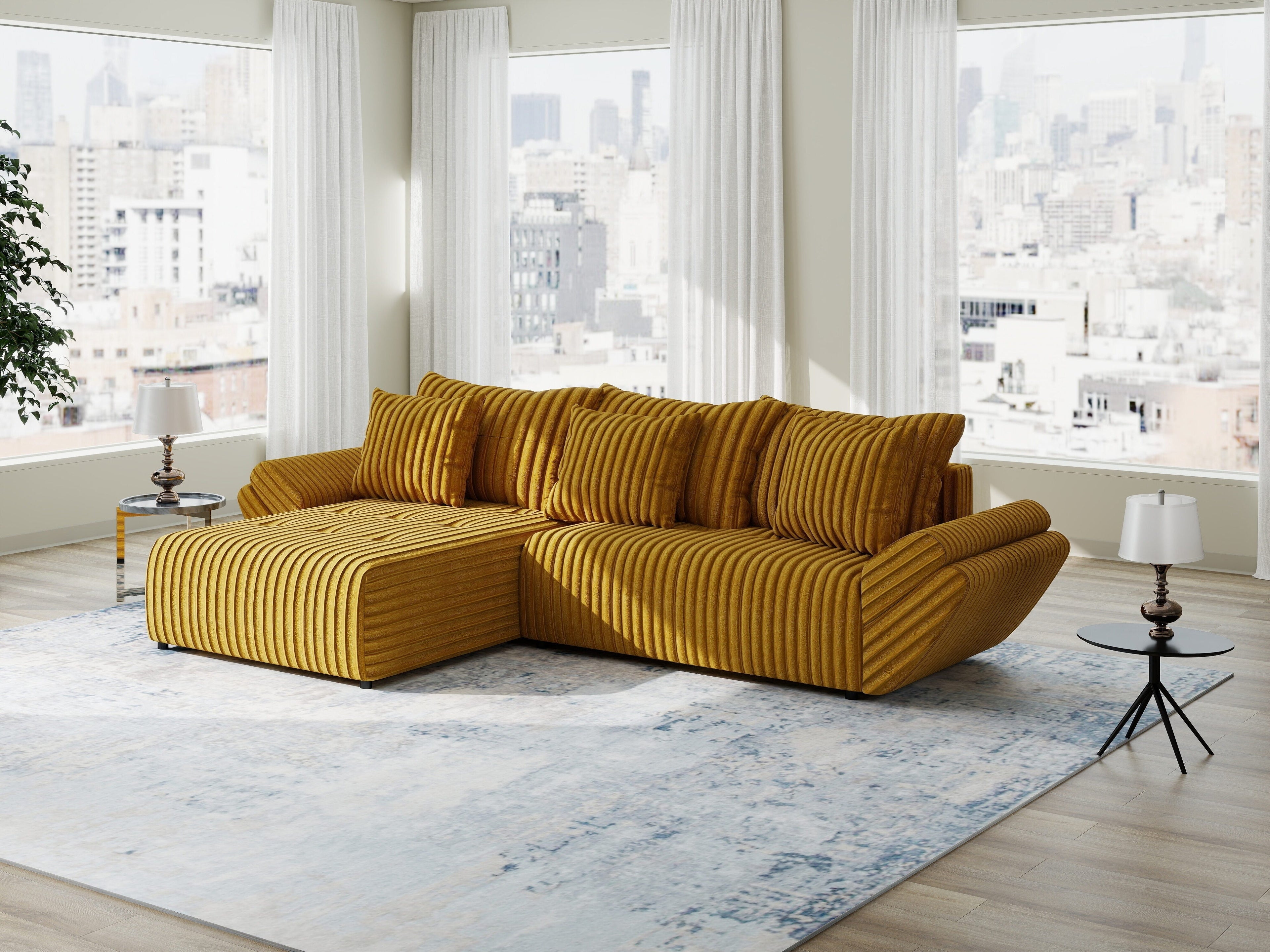 Colțar extensibil dumonde cu ladă de depozitare si sezut confortabil din spuma high-density, Berlin Ambience Mustar 280x185 cm