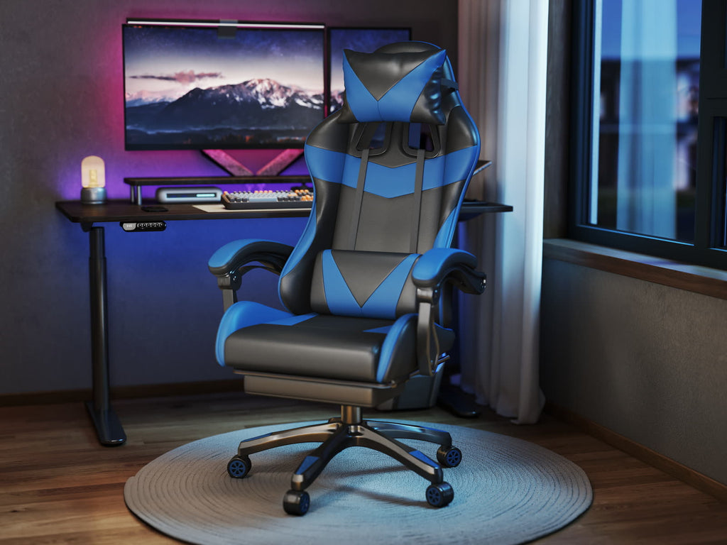 Scaun gaming Dumonde VALKYRIE, mecanism multifuncțional, ecopiele, suport picioare, albastru/negru