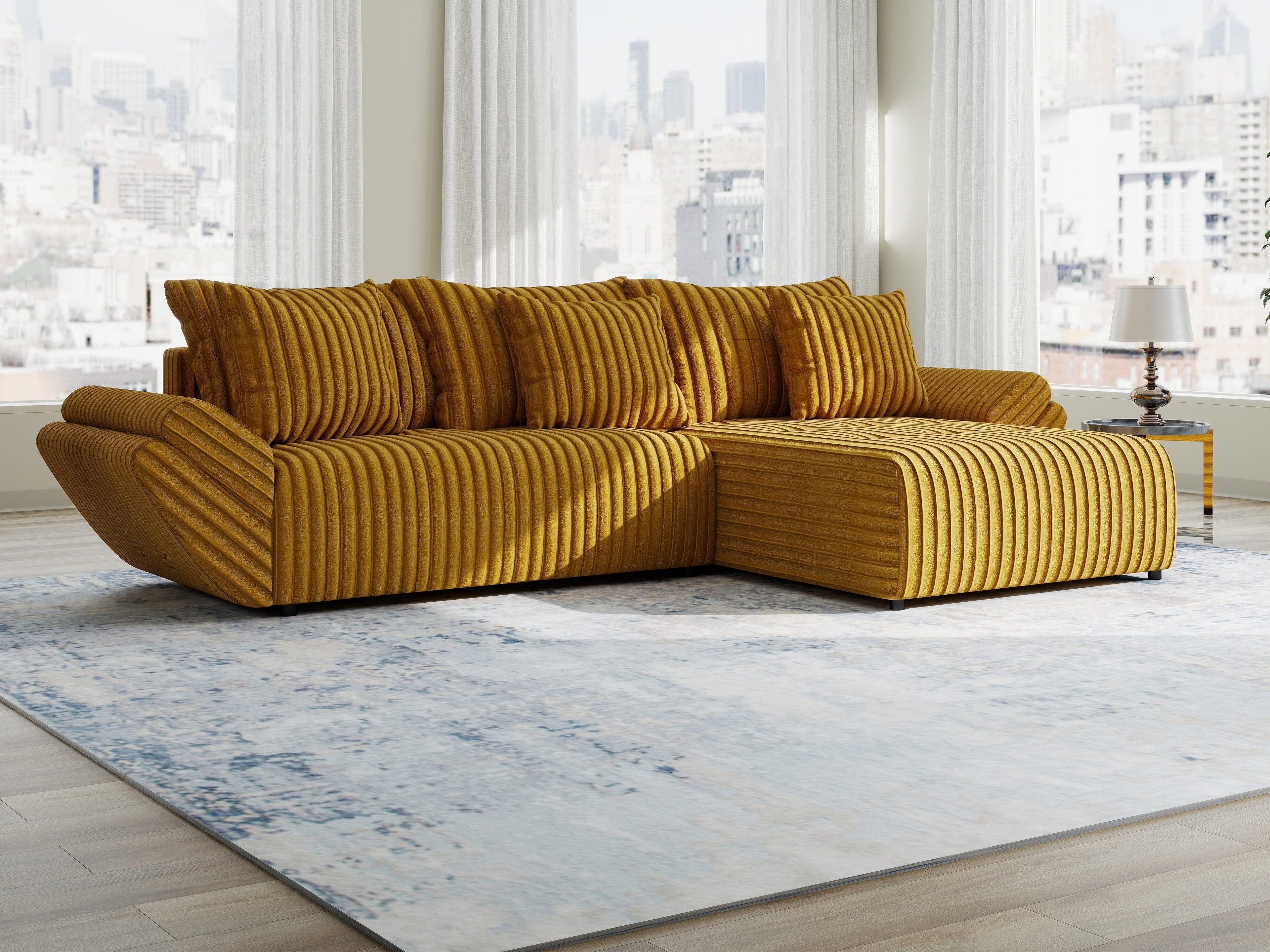 Colțar extensibil dumonde cu ladă de depozitare si sezut confortabil din spuma high-density, Berlin Ambience Mustar 280x185 cm II
