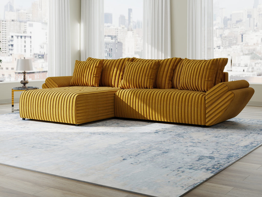 Colțar extensibil dumonde cu ladă de depozitare si sezut confortabil din spuma high-density, Berlin Ambience Mustar 280x185 cm