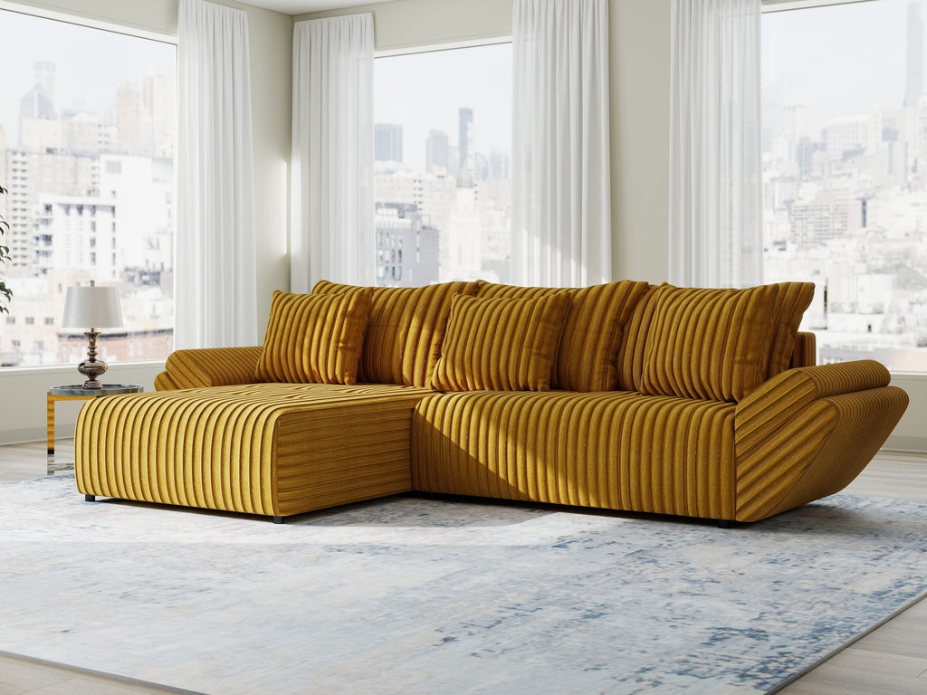 Colțar extensibil dumonde cu ladă de depozitare si sezut confortabil din spuma high-density, Berlin Ambience Mustar 280x185 cm