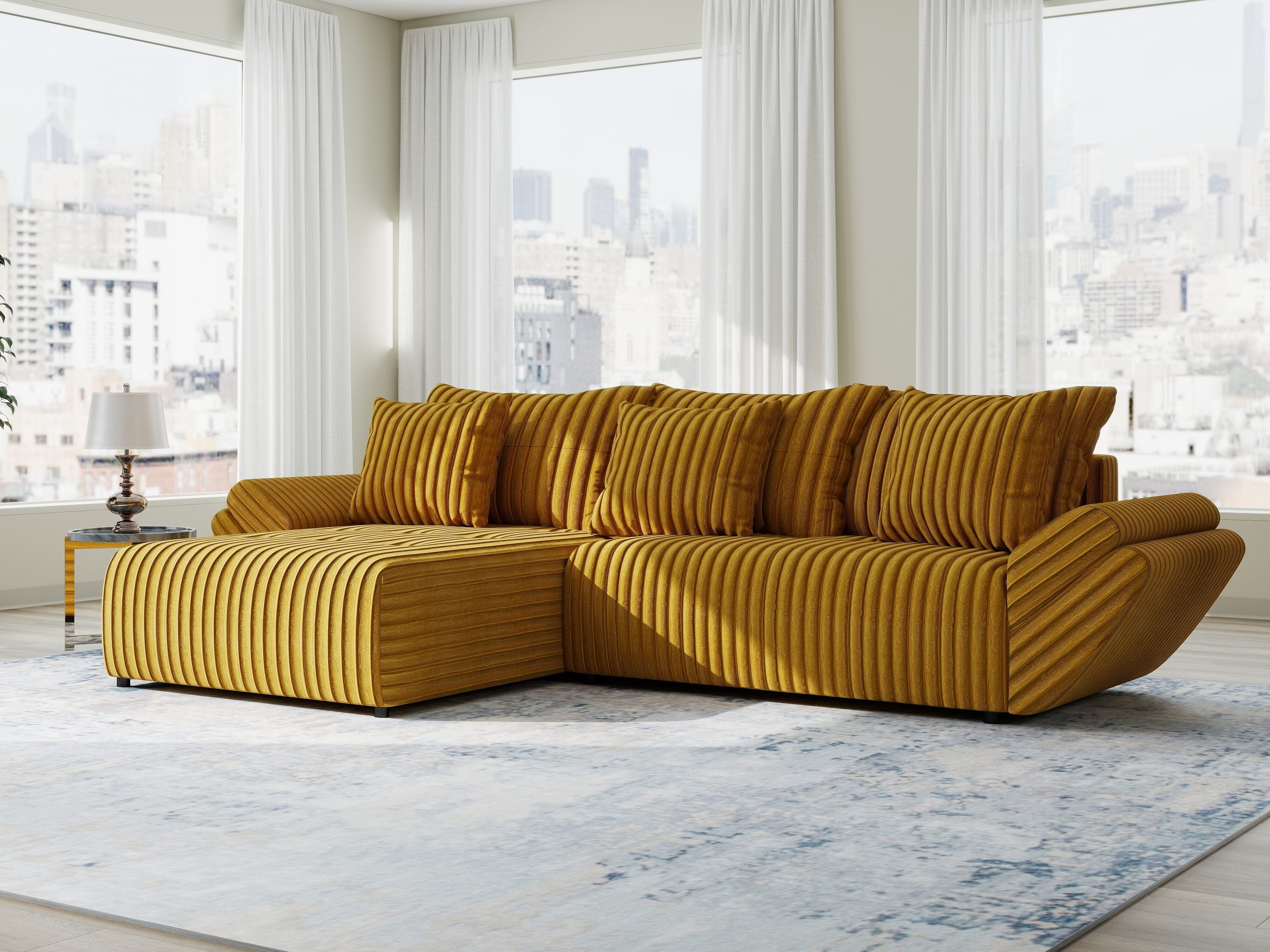 Colțar extensibil dumonde cu ladă de depozitare si sezut confortabil din spuma high-density, Berlin Ambience Mustar 280x185 cm