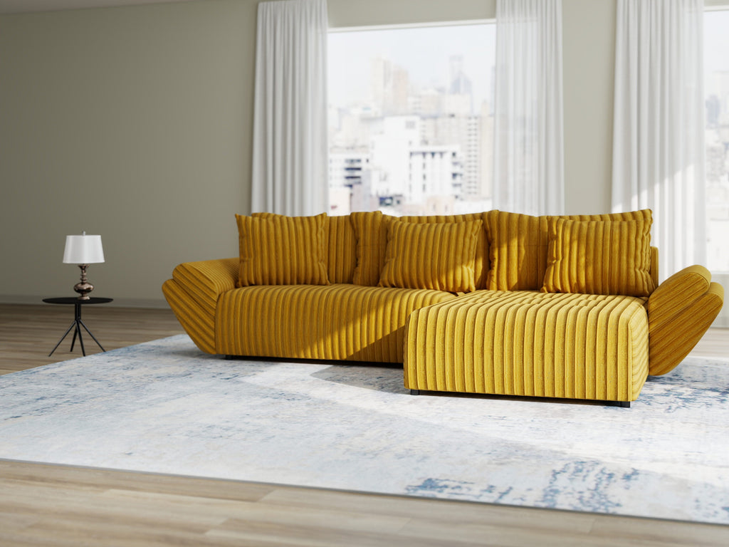 Colțar extensibil dumonde cu ladă de depozitare si sezut confortabil din spuma high-density, Berlin Ambience Mustar 280x185 cm II