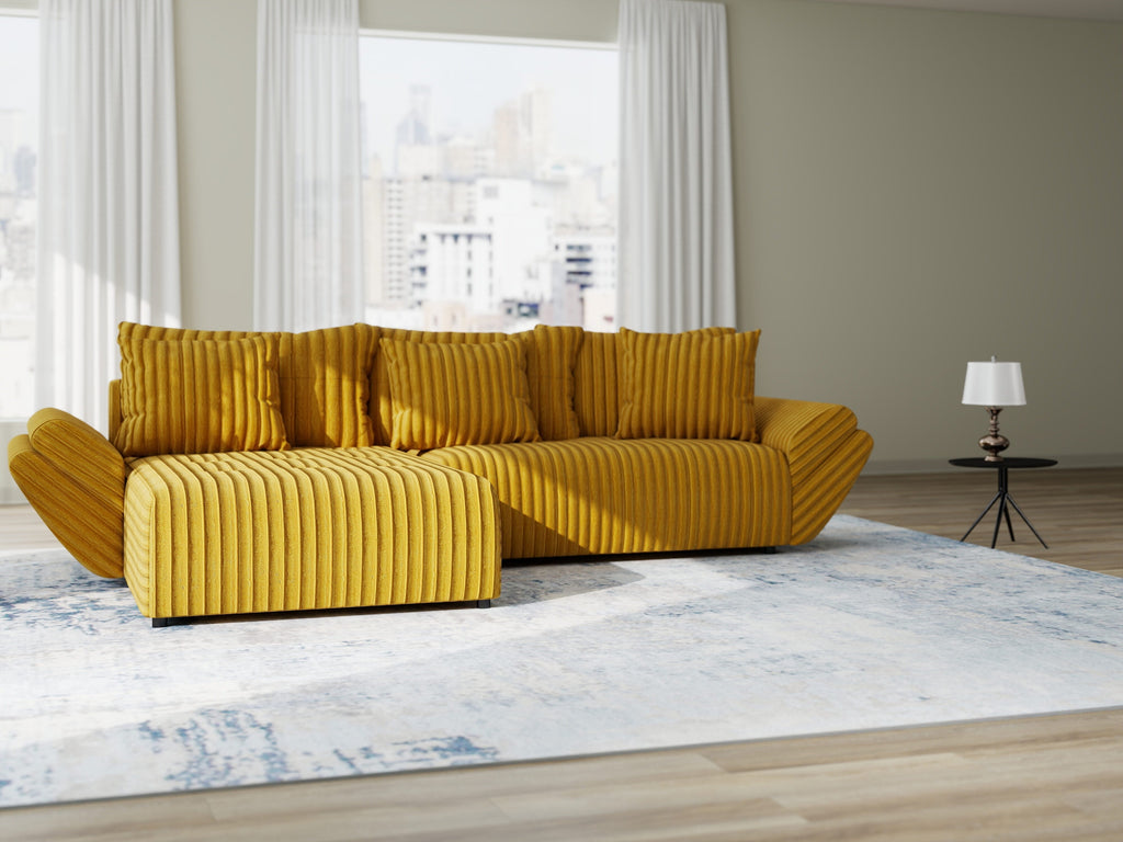 Colțar extensibil dumonde cu ladă de depozitare si sezut confortabil din spuma high-density, Berlin Ambience Mustar 280x185 cm