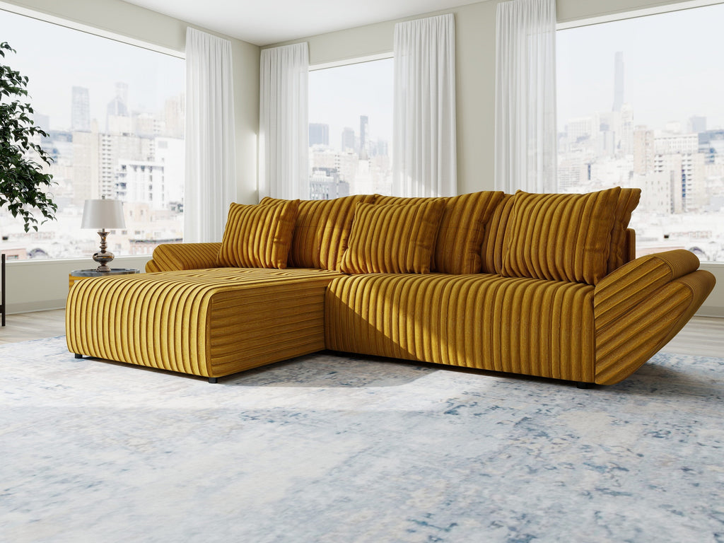 Colțar extensibil dumonde cu ladă de depozitare si sezut confortabil din spuma high-density, Berlin Ambience Mustar 280x185 cm