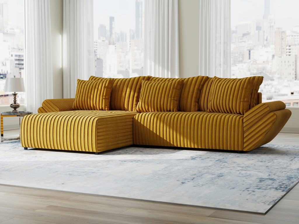 Colțar extensibil dumonde cu ladă de depozitare si sezut confortabil din spuma high-density, Berlin Ambience Mustar 280x185 cm