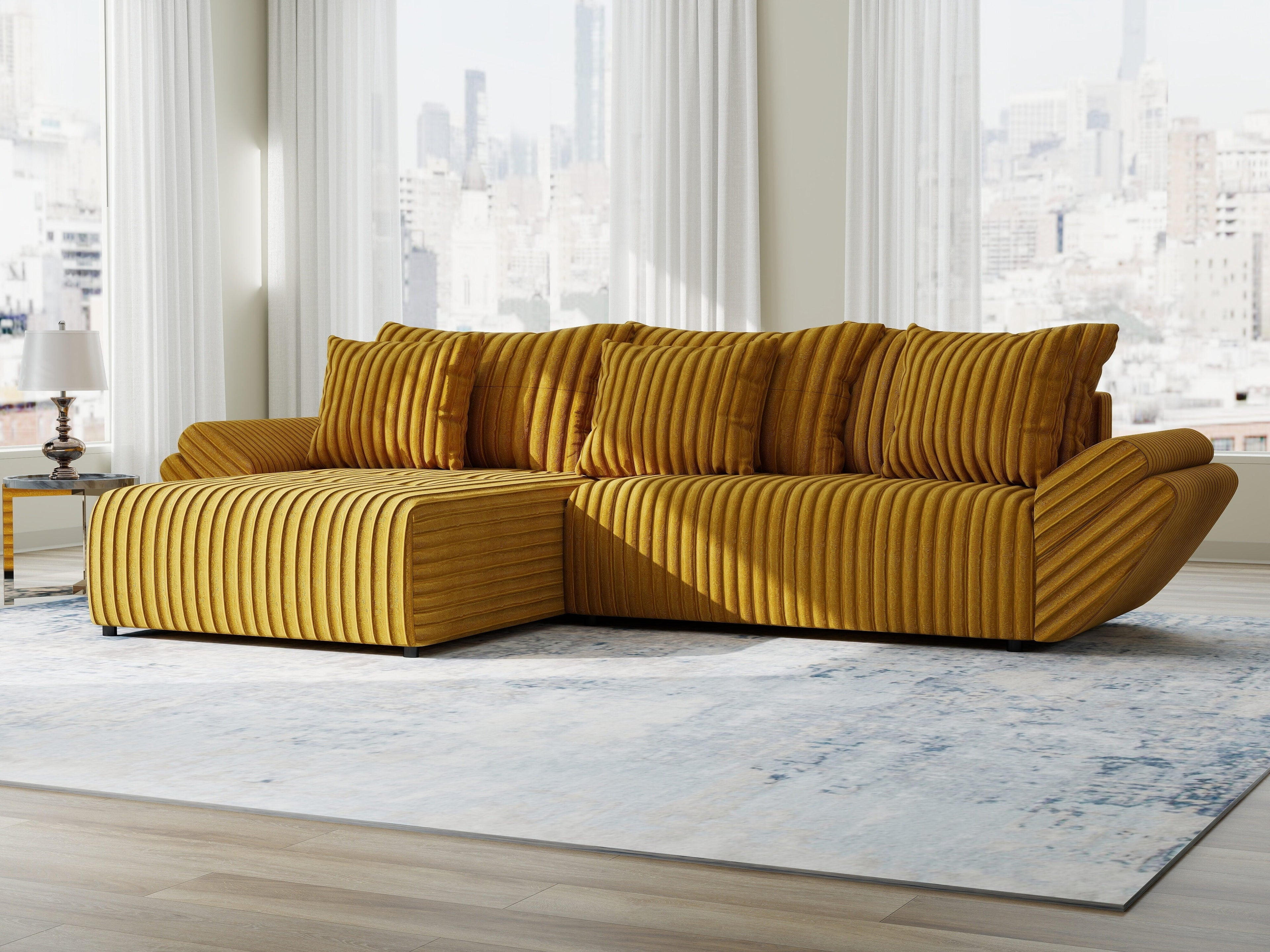 Colțar extensibil dumonde cu ladă de depozitare si sezut confortabil din spuma high-density, Berlin Ambience Mustar 280x185 cm