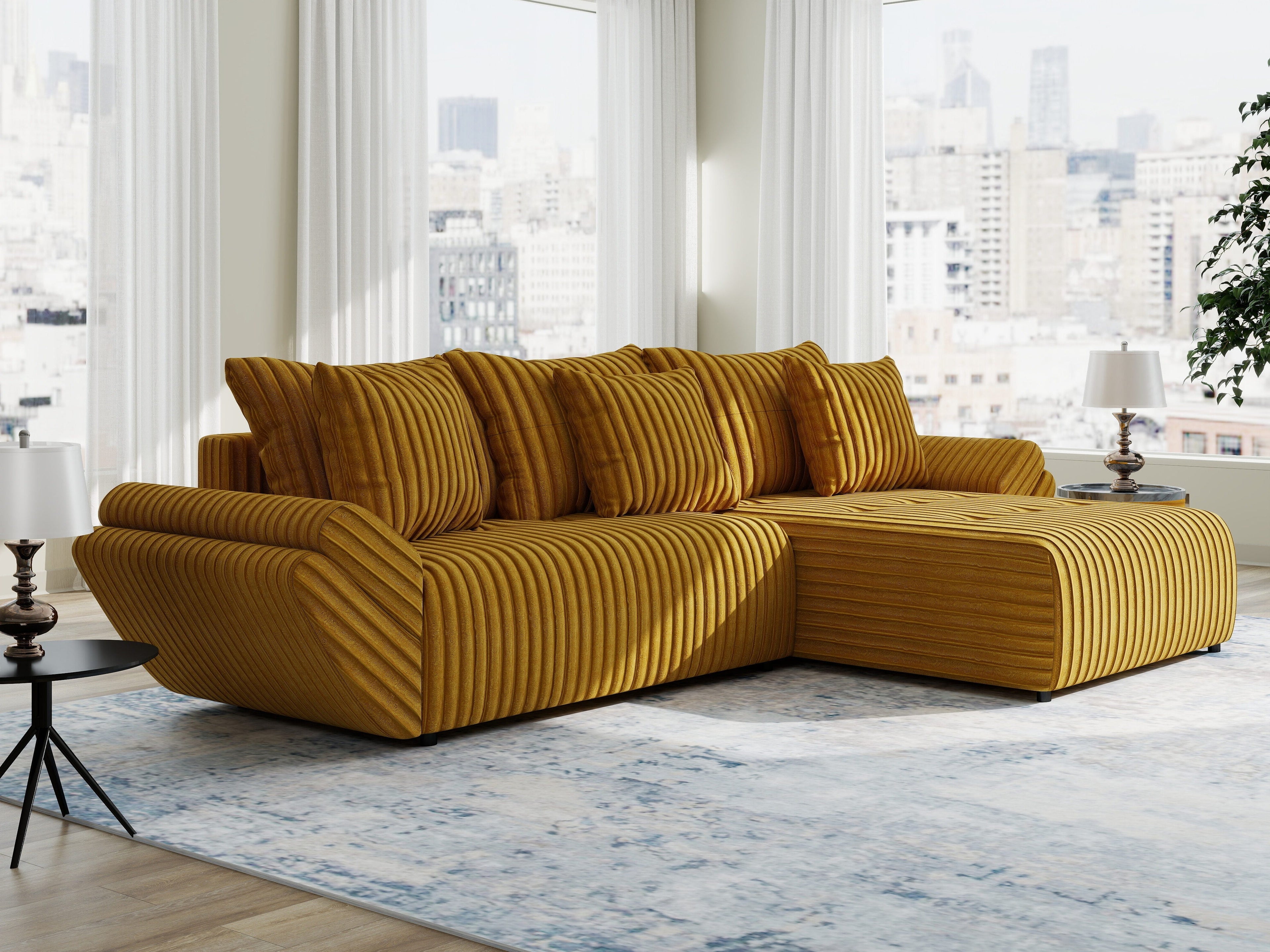 Colțar extensibil dumonde cu ladă de depozitare si sezut confortabil din spuma high-density, Berlin Ambience Mustar 280x185 cm II