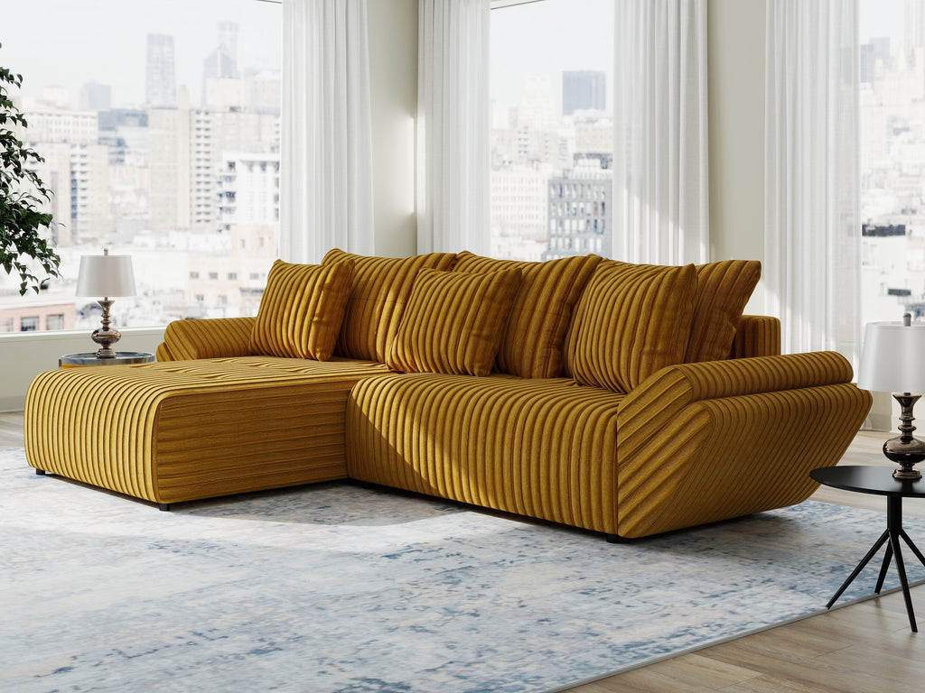 Colțar extensibil dumonde cu ladă de depozitare si sezut confortabil din spuma high-density, Berlin Ambience Mustar 280x185 cm