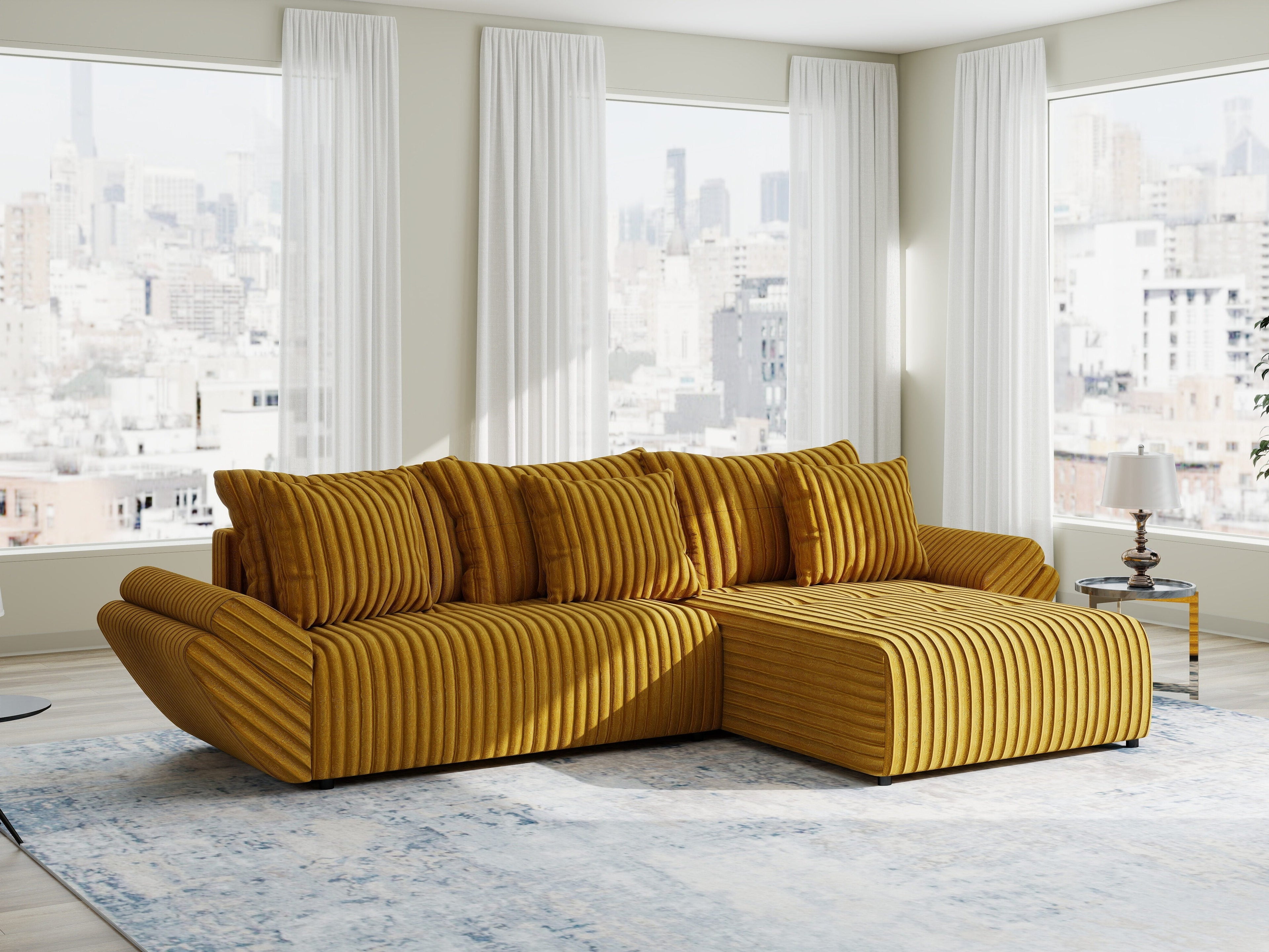 Colțar extensibil dumonde cu ladă de depozitare si sezut confortabil din spuma high-density, Berlin Ambience Mustar 280x185 cm II