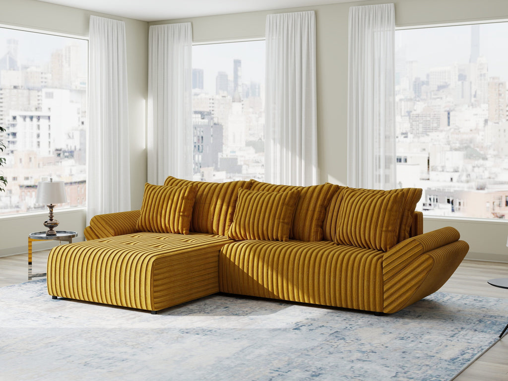 Colțar extensibil dumonde cu ladă de depozitare si sezut confortabil din spuma high-density, Berlin Ambience Mustar 280x185 cm