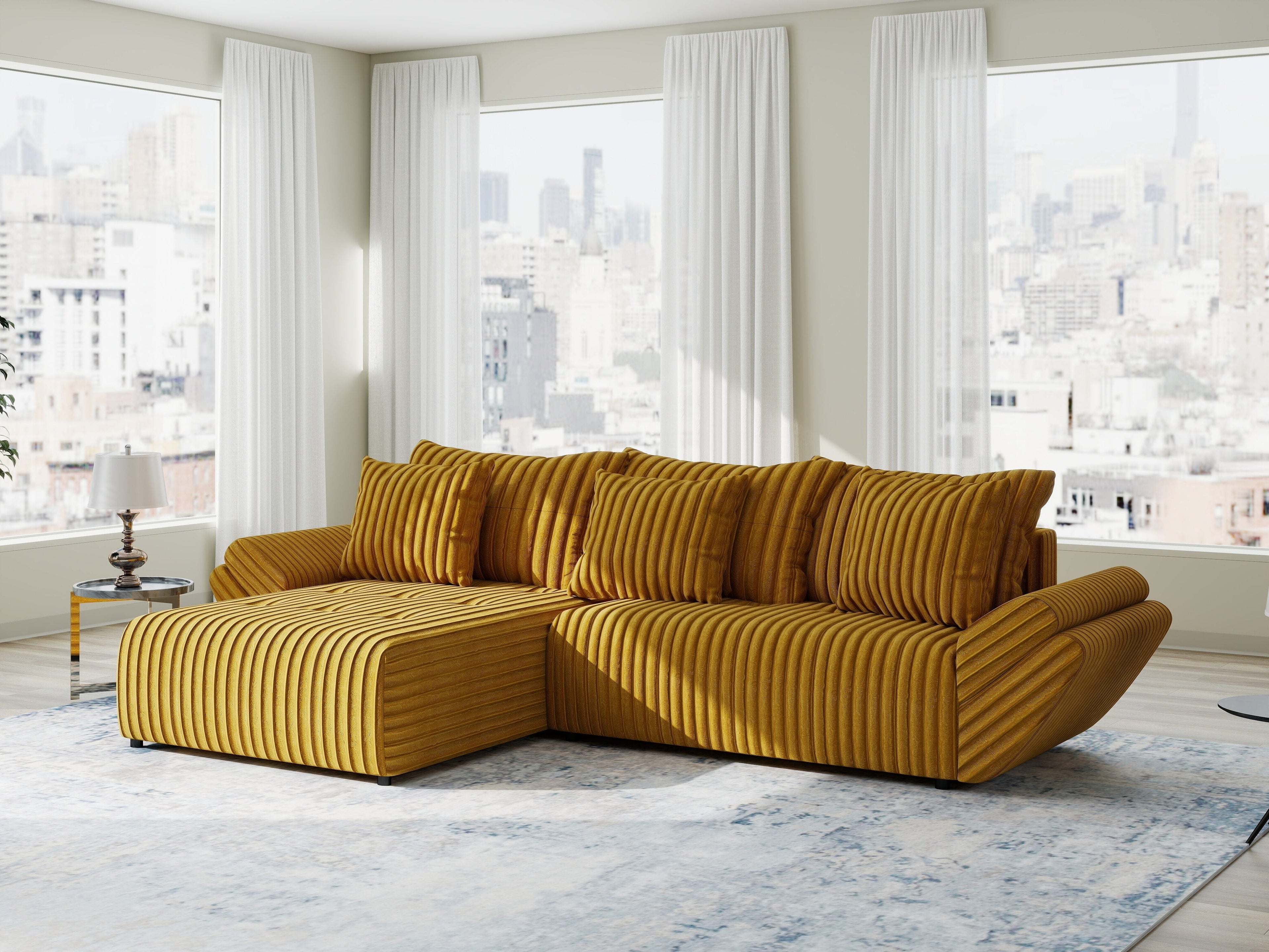 Colțar extensibil dumonde cu ladă de depozitare si sezut confortabil din spuma high-density, Berlin Ambience Mustar 280x185 cm