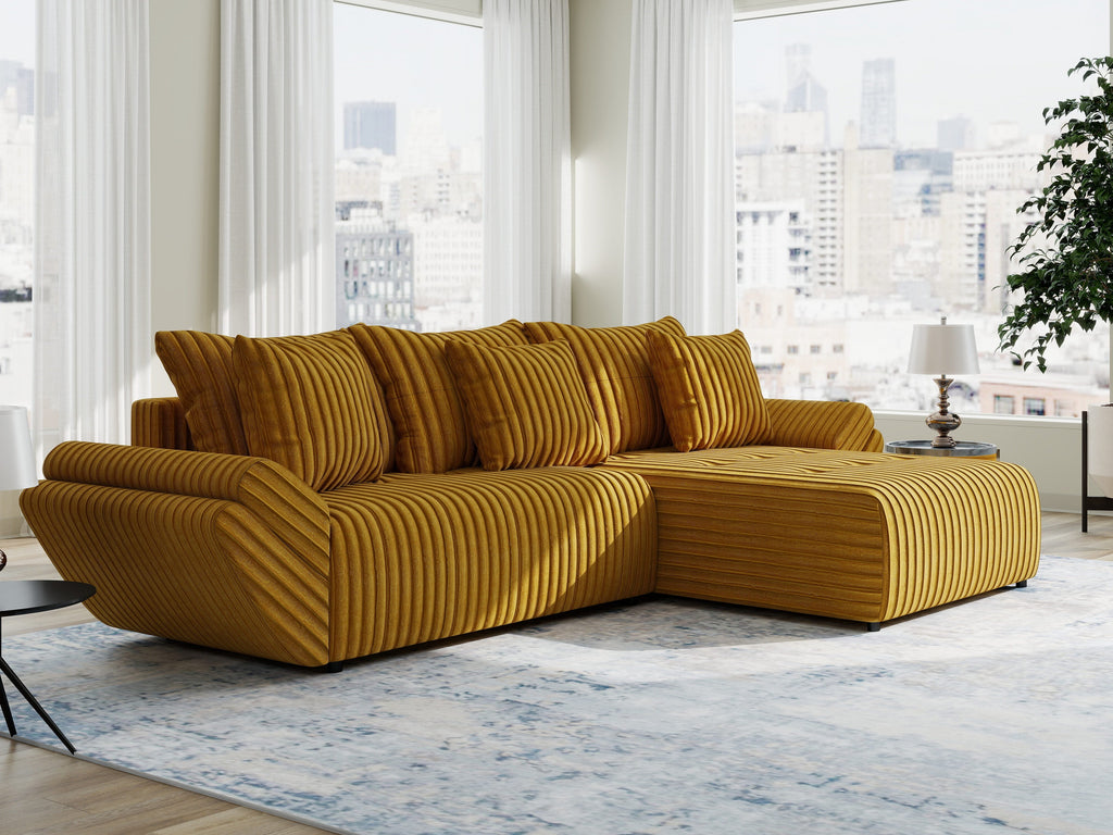 Colțar extensibil dumonde cu ladă de depozitare si sezut confortabil din spuma high-density, Berlin Ambience Mustar 280x185 cm II