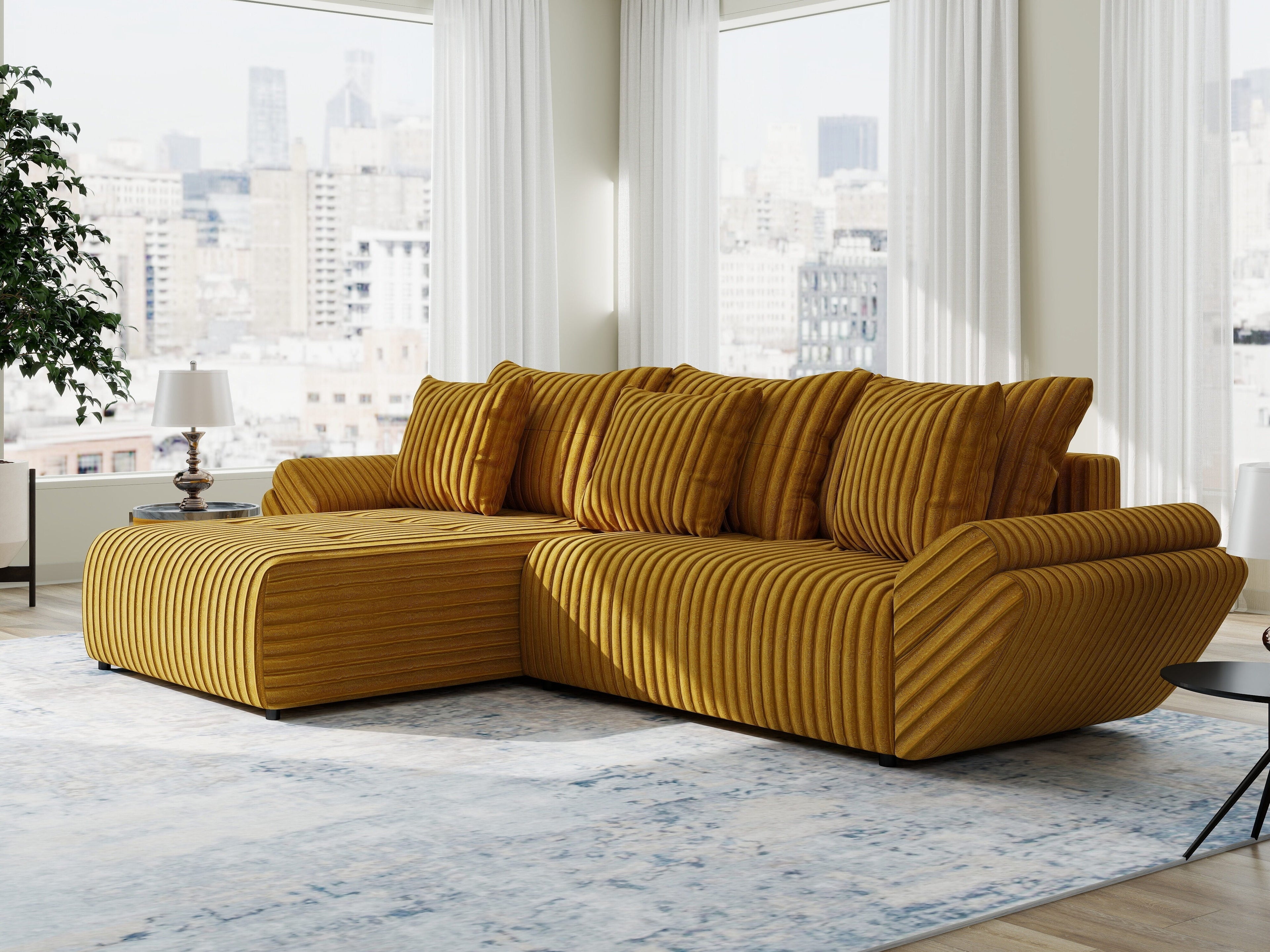 Colțar extensibil dumonde cu ladă de depozitare si sezut confortabil din spuma high-density, Berlin Ambience Mustar 280x185 cm