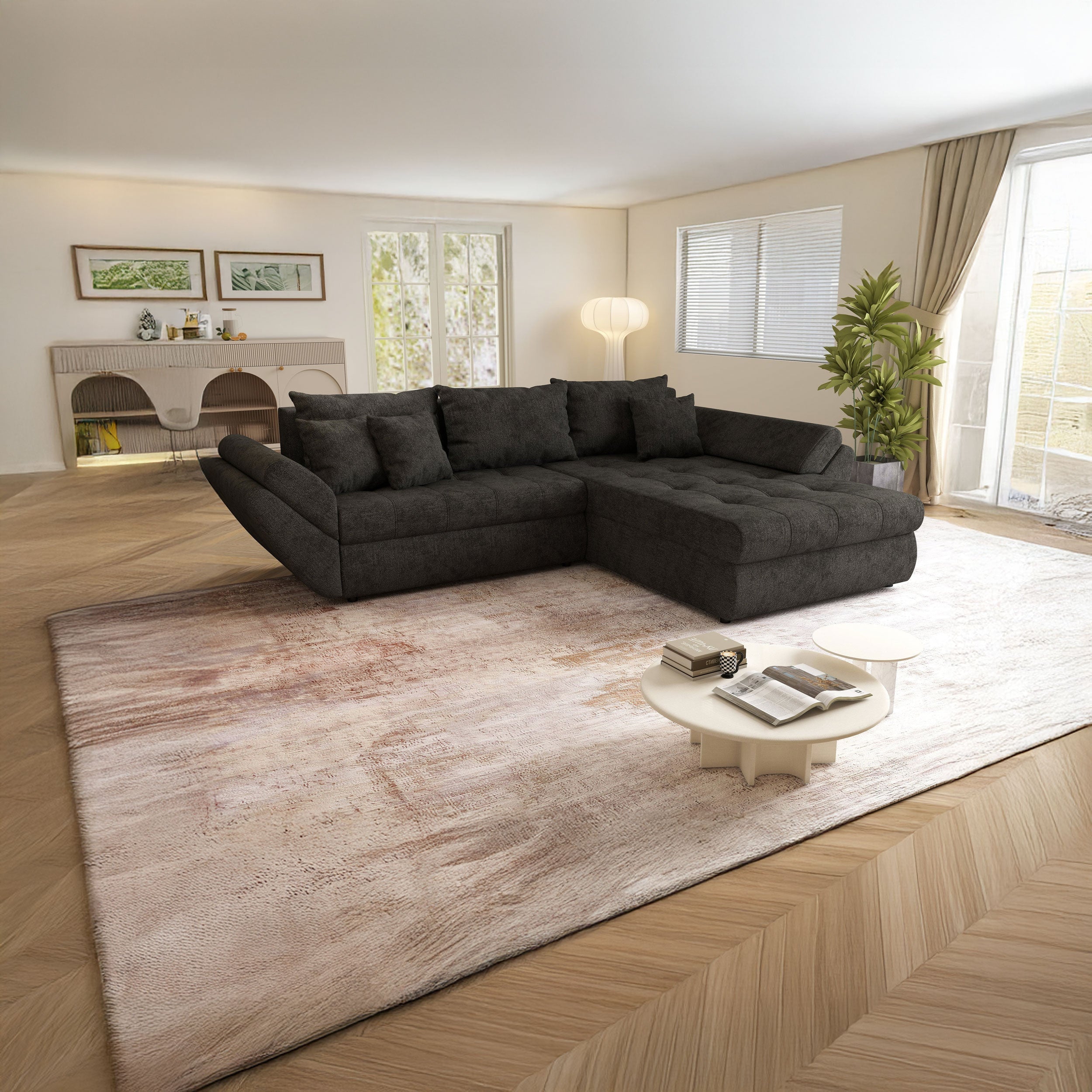 Colțar extensibil dumonde cu ladă de depozitare si sezut confortabil din spuma high-density, Loana Enjoy Black 270x185 cm