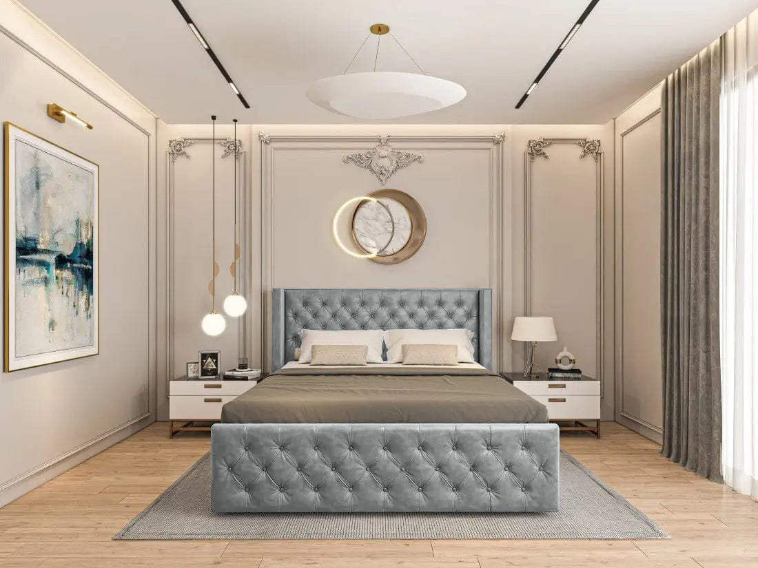 Pat dormitor dumonde, tapitat gri, Nisa 160x200 cm, somiera rabatabila inclusa, spatiu depozitare